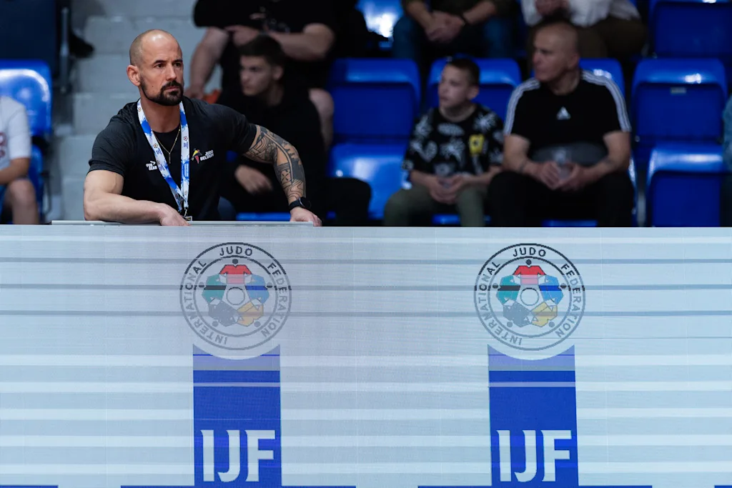 Damien Bomboir, coach of Belgian Verstraeten, pictured at a fight of Men -60kg, at the European Championships judo in Podgorica, Montenegro, on Wednesday 23 April 2025. The tournament is taking place from 23 tot 27 April 2025. BELGA PHOTO NIKOLA KRISTC