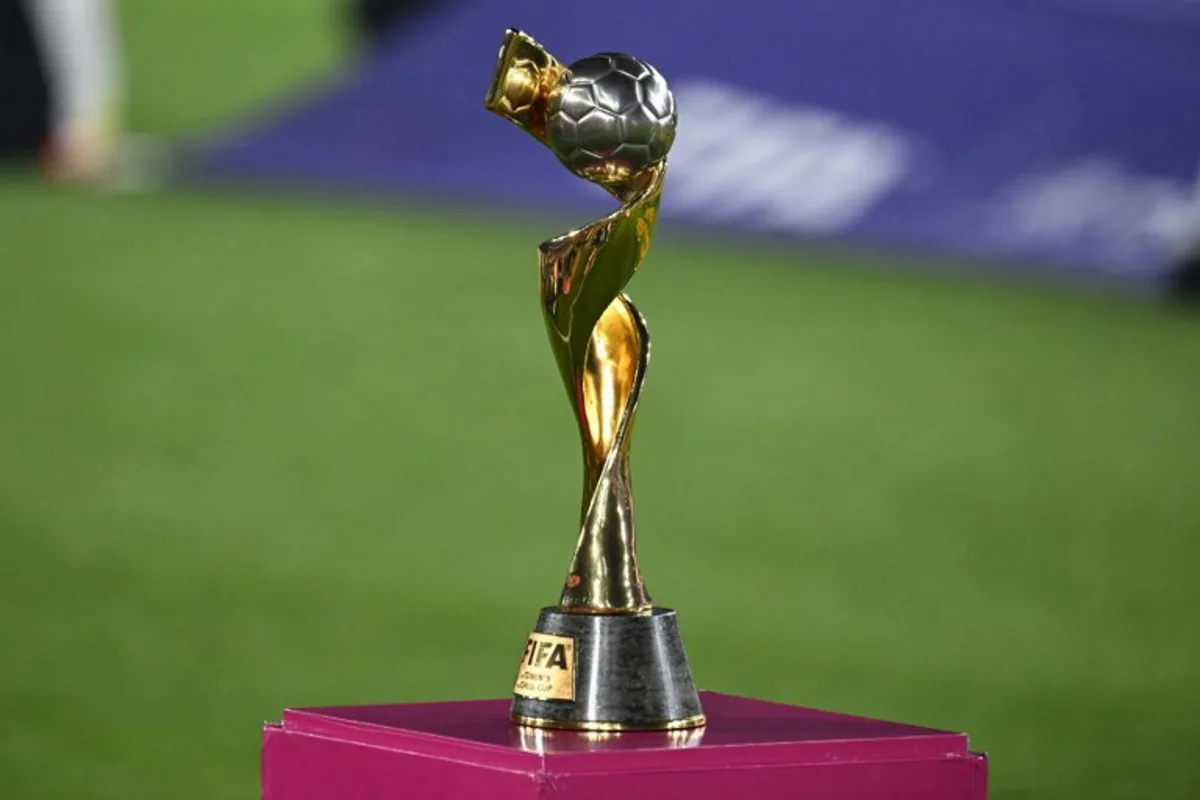 The FIFA Women's World Cup trophy is pictured ahead of the Australia and New Zealand 2023 Women's World Cup final football match between Spain and England at Stadium Australia in Sydney on August 20, 2023.  WILLIAM WEST / AFP