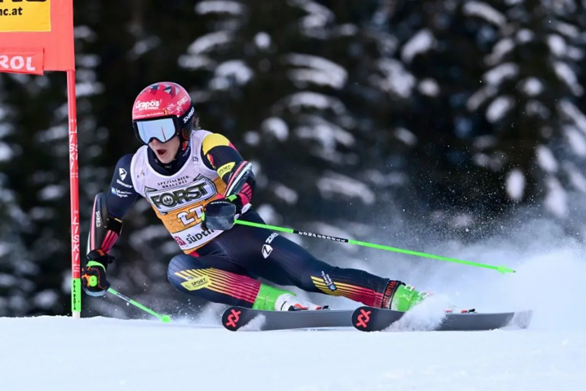 Belgium's Sam Maes competes in the first run of the men's Giant Slalom, during the FIS Alpine Ski World Cup in Alta Badia on December 17, 2023.   Tiziana FABI / AFP