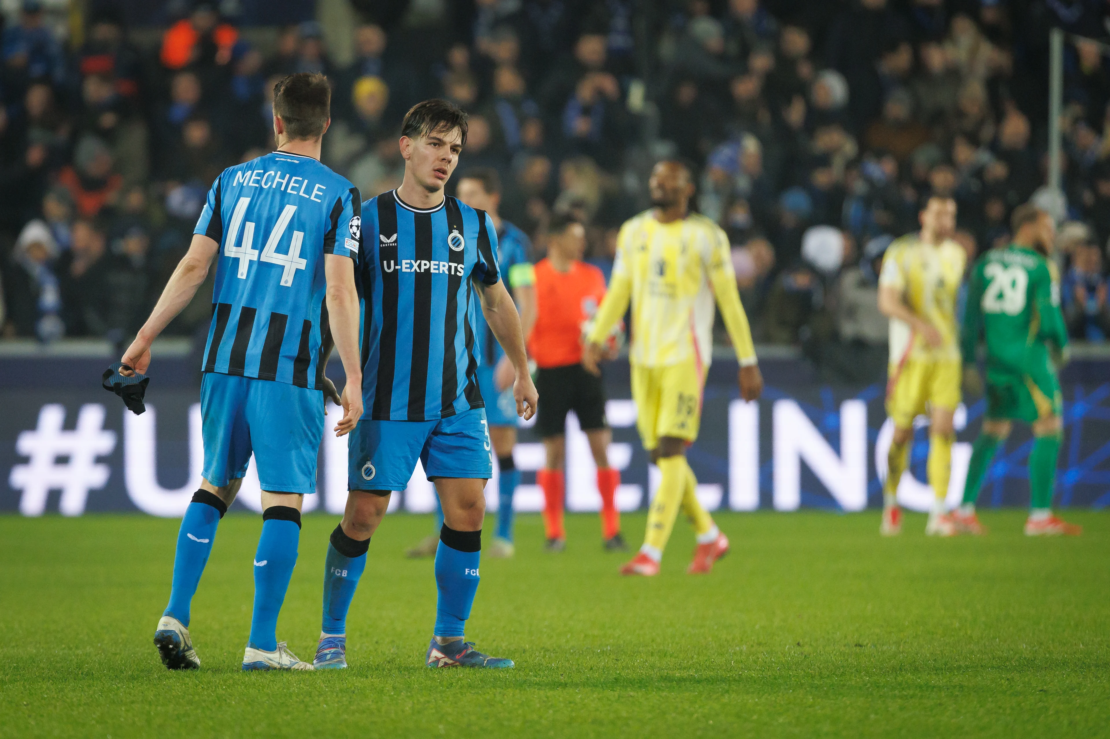 Club's Brandon Mechele and Club's Ardon Jashari pictured after a soccer game between Belgian Club Brugge KV and Italian club Juventus, Tuesday 21 January 2025 in Brugge, on the seventh day (out of 8) of the UEFA Champions League league phase. BELGA PHOTO KURT DESPLENTER