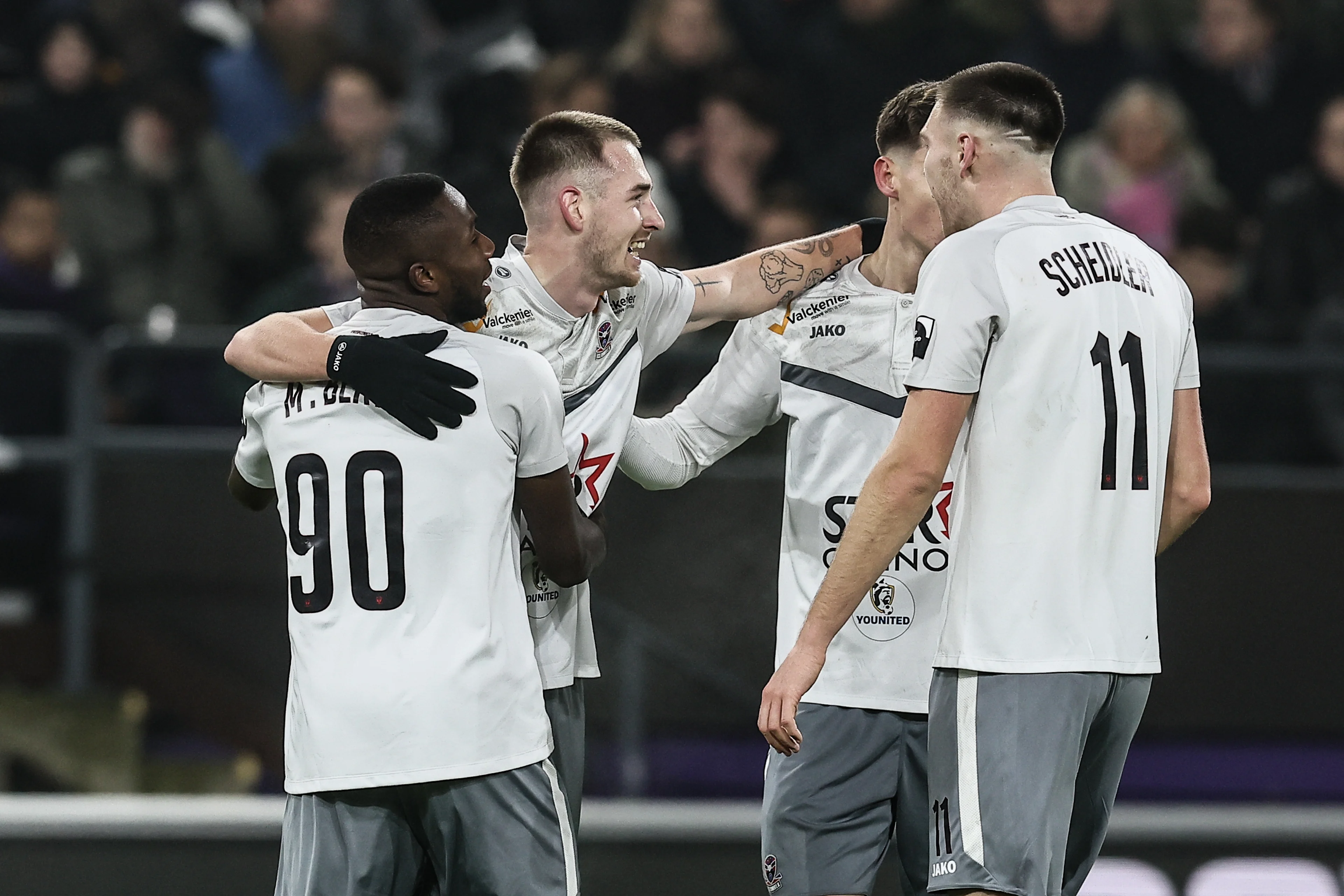 Dender's Roman Kvet celebrates after scoring during a soccer match between RSC Anderlecht and FCV Dender EH, Friday 27 December 2024 in Brussels, a game of day 20 of the 2024-2025 season of the 'Jupiler Pro League' first division of the Belgian championship. The competition was re-branded as the 'Younited Pro League' for the games of matchweek 20, to shine a light on the Younited Belgium charity. BELGA PHOTO BRUNO FAHY