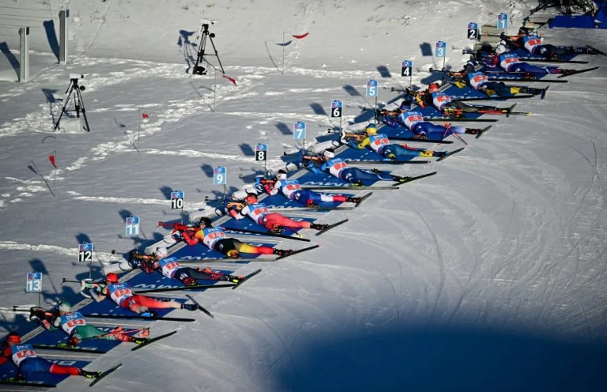 Athletes compete at the shooting range during the 4x6 mixed relay event of the IBU Biathlon World Cup in Oberhof on January 12, 2025.  Tobias SCHWARZ / AFP