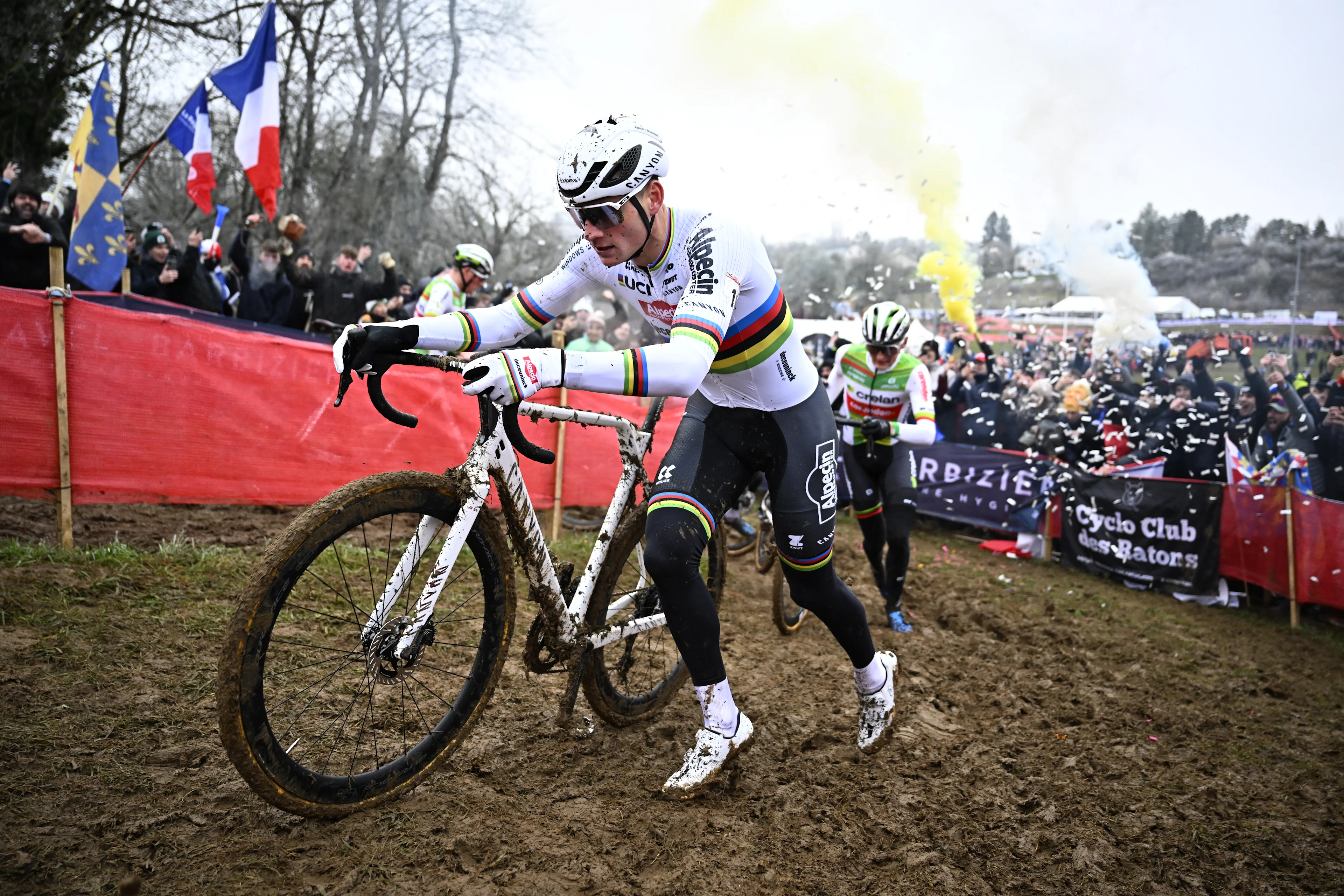 Dutch Mathieu Van Der Poel pictured in action during the men's elite race at the Cyclocross World Cup cyclocross event in Besancon, France, , the eighth stage (out of 12) in the World Cup of the 2023-2024 season. BELGA PHOTO JASPER JACOBS