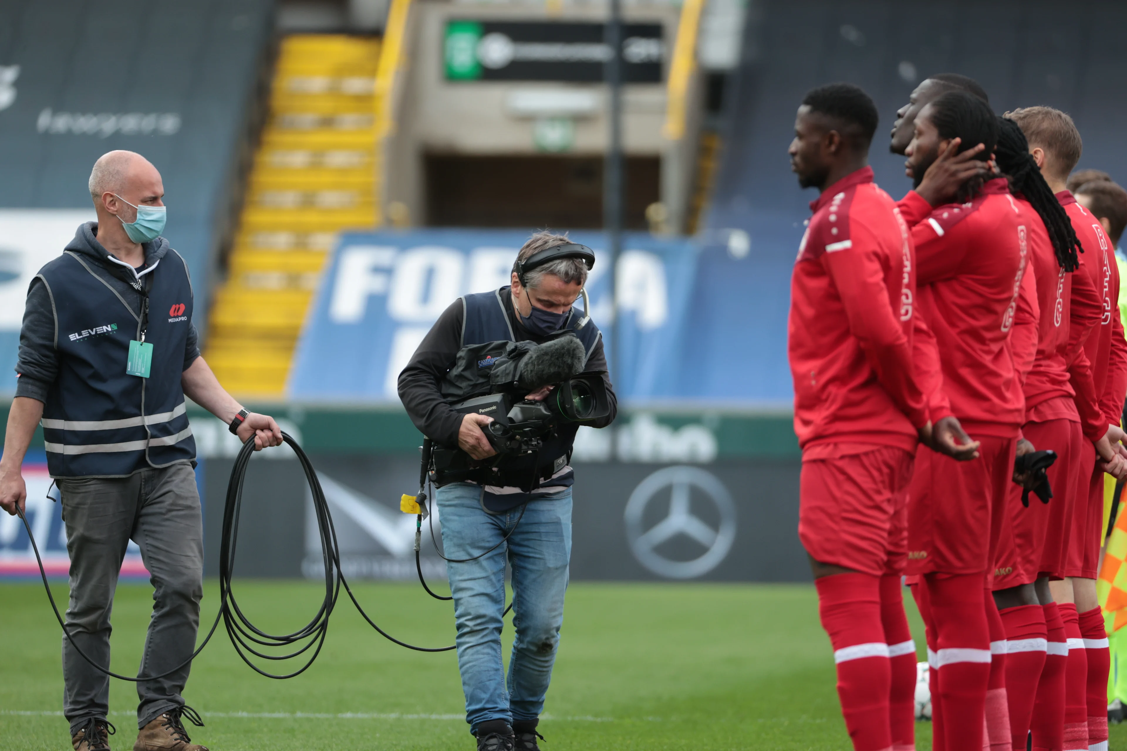 Illustration picture shows a camera man pictured before a soccer match between Club Brugge KV and Royal Antwerp FC, Sunday 16 May 2021 in Brugge, on day 4 of the 'Champions' play-offs' of the 'Jupiler Pro League' first division of the Belgian championship. BELGA PHOTO DAVID PINTENS