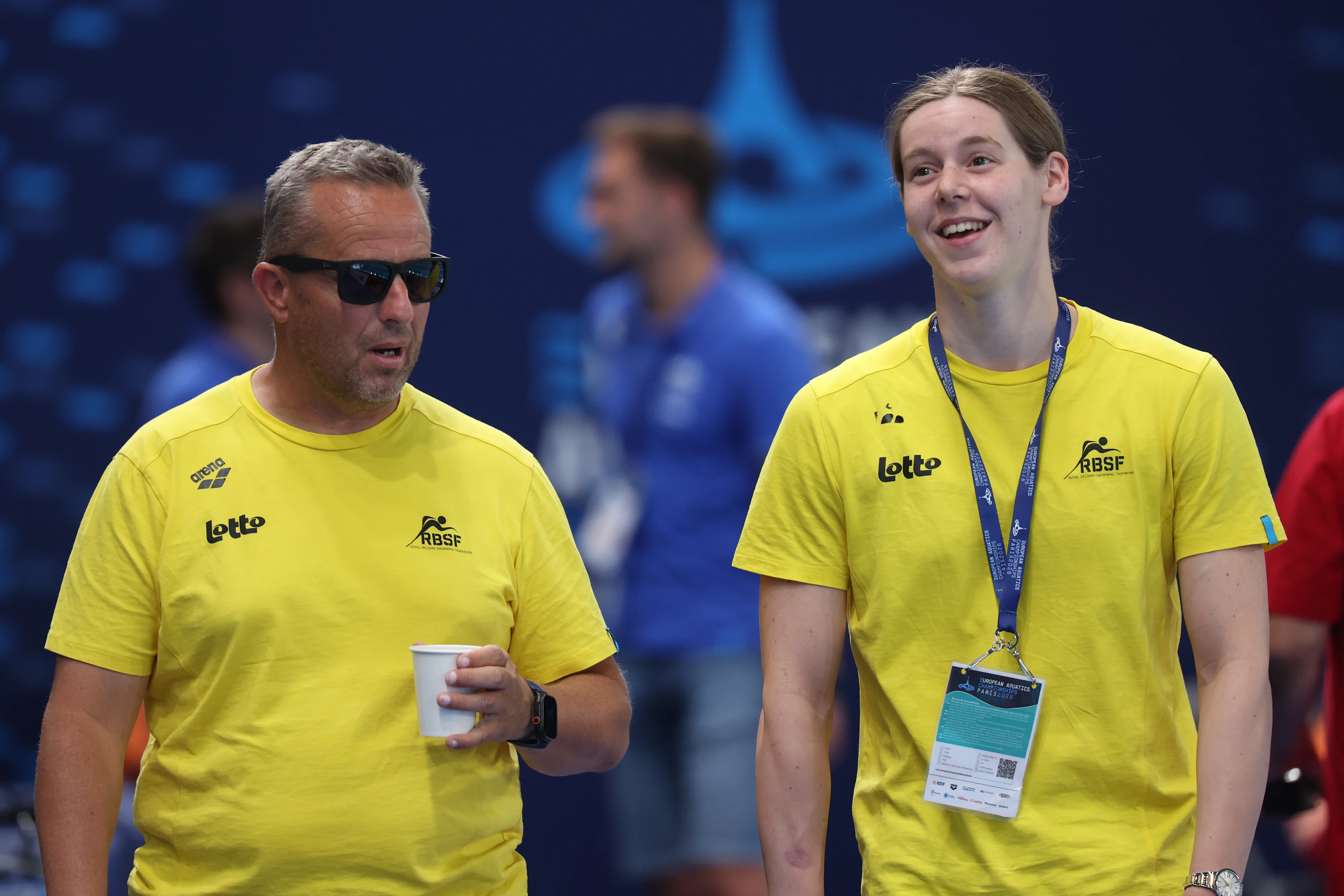 Swimming coach Belgian Mark Faber and Belgian athlete Roos Vanotterdijk pictured during the third day of the European Aquatics Championships in Paris, France on Wednesday 12 August 2026. BELGA PHOTO VIRGINIE LEFOUR
