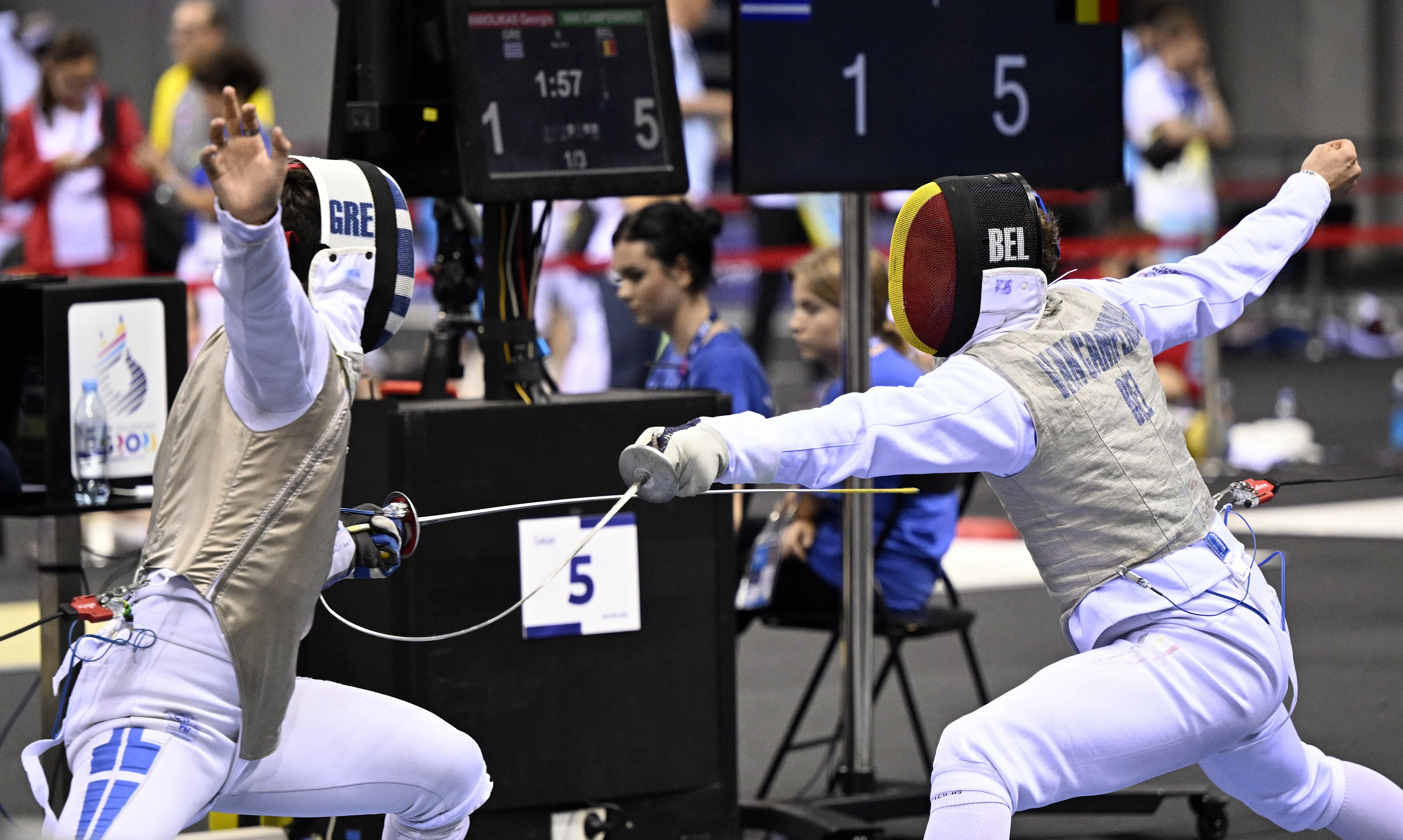 Fencing Athlete Stef Van Campenhout pictured in action during a fight in the men's foil competition, at the European Games in Krakow, Poland on Monday 26 June 2023. The 3rd European Games, informally known as Krakow-Malopolska 2023, is a scheduled international sporting event that will be held from 21 June to 02 July 2023 in Krakow and Malopolska, Poland. BELGA PHOTO LAURIE DIEFFEMBACQ