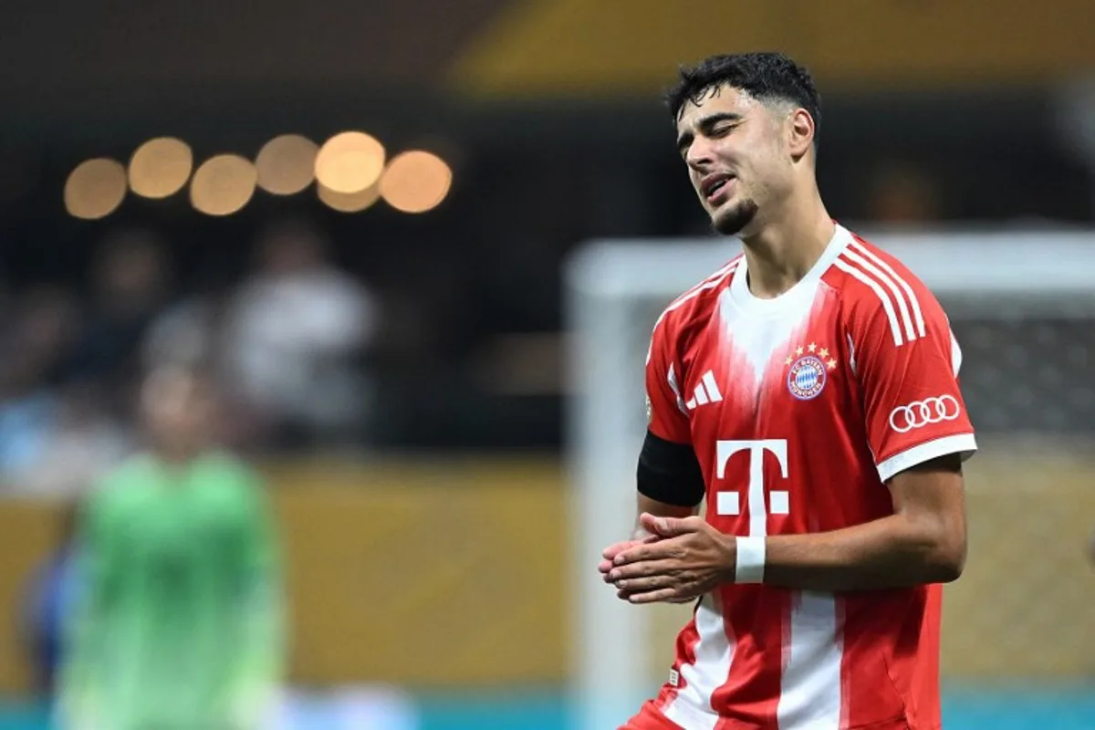 Bayern Munich's German midfielder #45 Aleksandar Pavlovic gestures during the FIFA Club World Cup 2025 quarterfinal football match between France's Paris Saint-Germain and Germany's Bayern Munich at the Mercedes-Benz Stadium in Atlanta on July 5, 2025. PATRICIA DE MELO MOREIRA / AFP