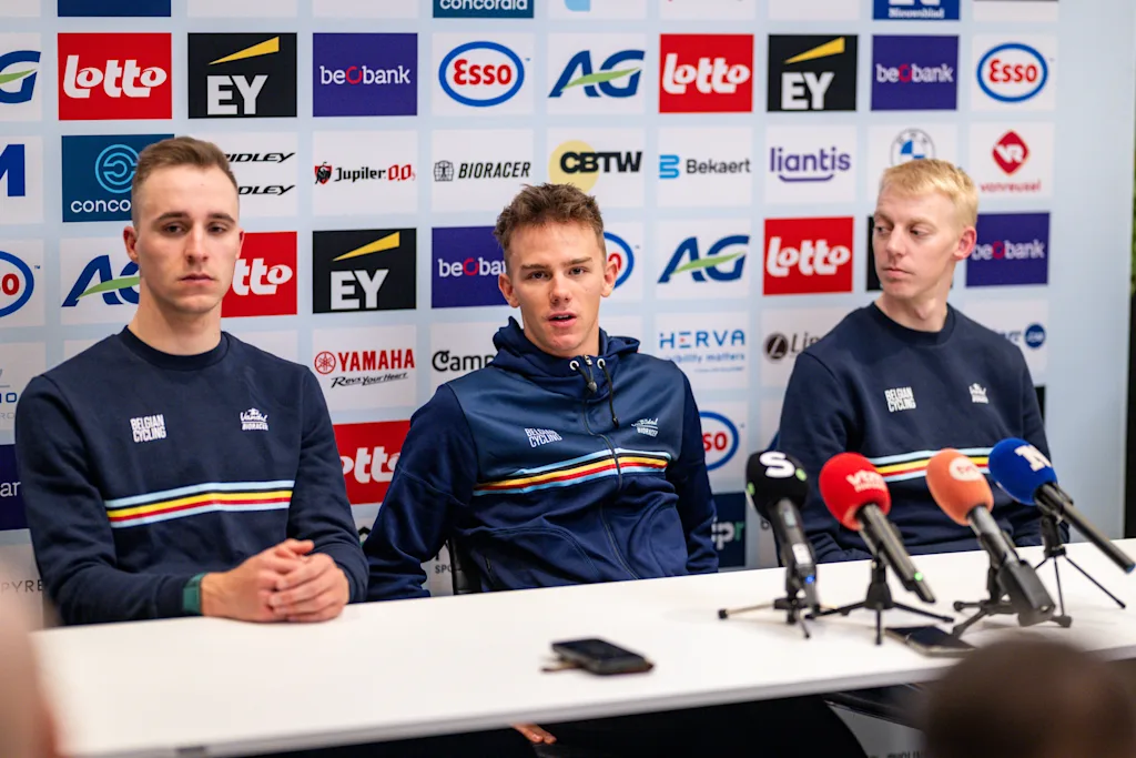 Belgian Niels Vandeputte, Belgian Thibau Nys and Belgian Michael Vanthourenhout pictured during a press conference of the Belgian team ahead of the UCI Cyclocross World Championships in Hulst, The Netherlands, on Friday 30 January 2026, in Sint-Niklaas. BELGA PHOTO DAVID PINTENS