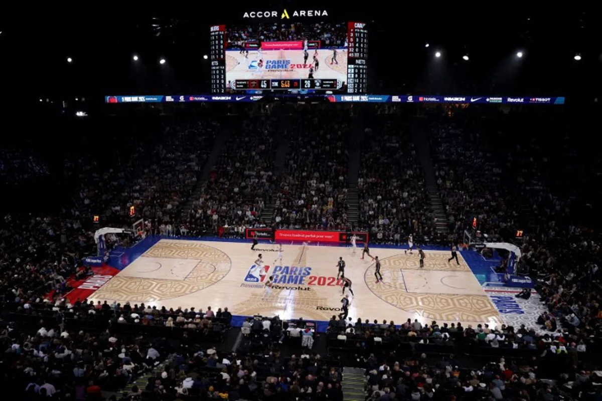 General view taken during the NBA regular season basketball match between the Cleveland Cavaliers and the Brooklyn Nets at the Accor Arena in Paris on January 11, 2024.  EMMANUEL DUNAND / AFP