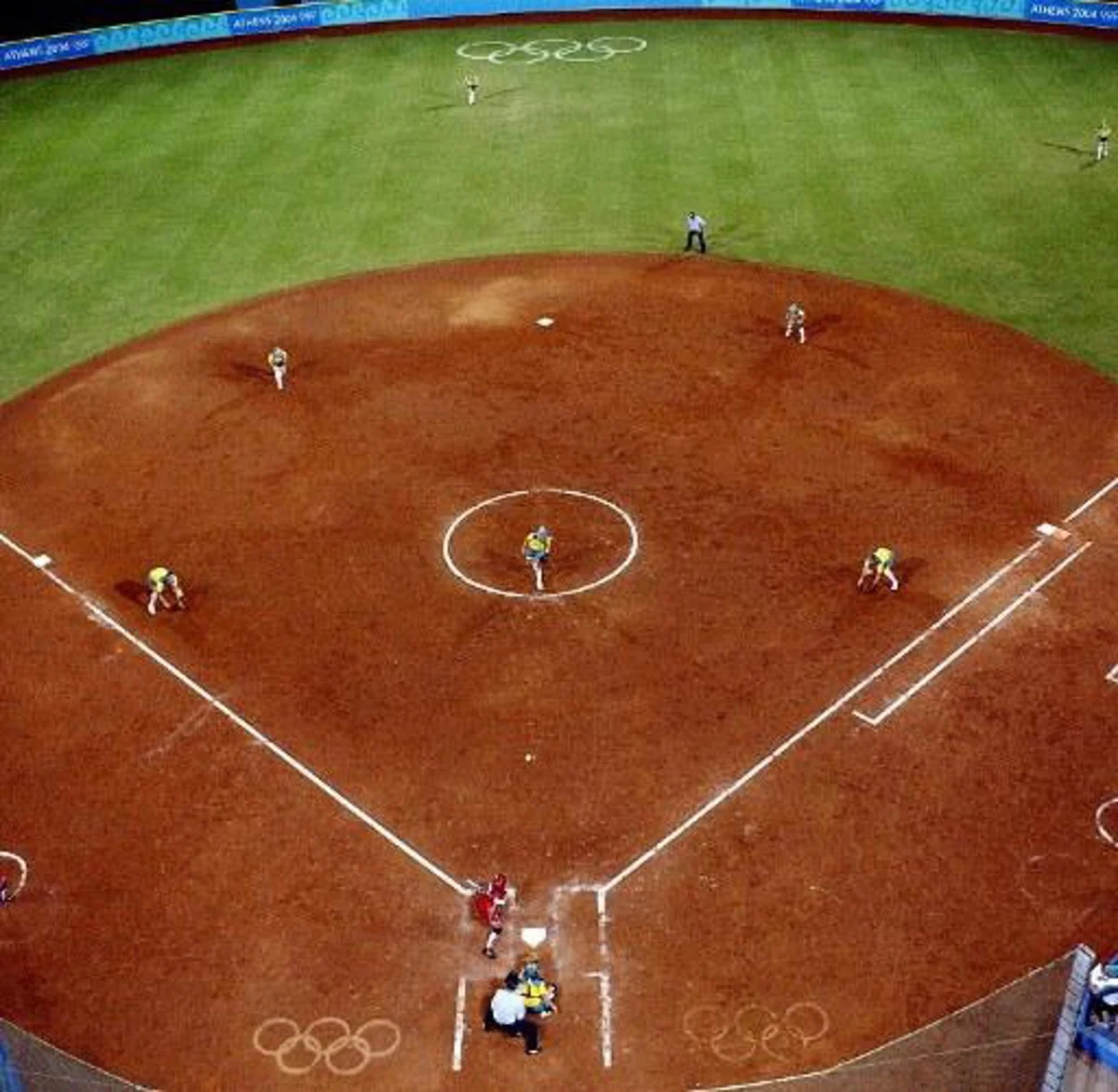 General view of the preliminary round softball game between Australia and Canada, 19 August 2004, at the softball stadium in the Helliniko Sport Complex, during the 2004 Olympic Games. AFP PHOTO / OMAR TORRES