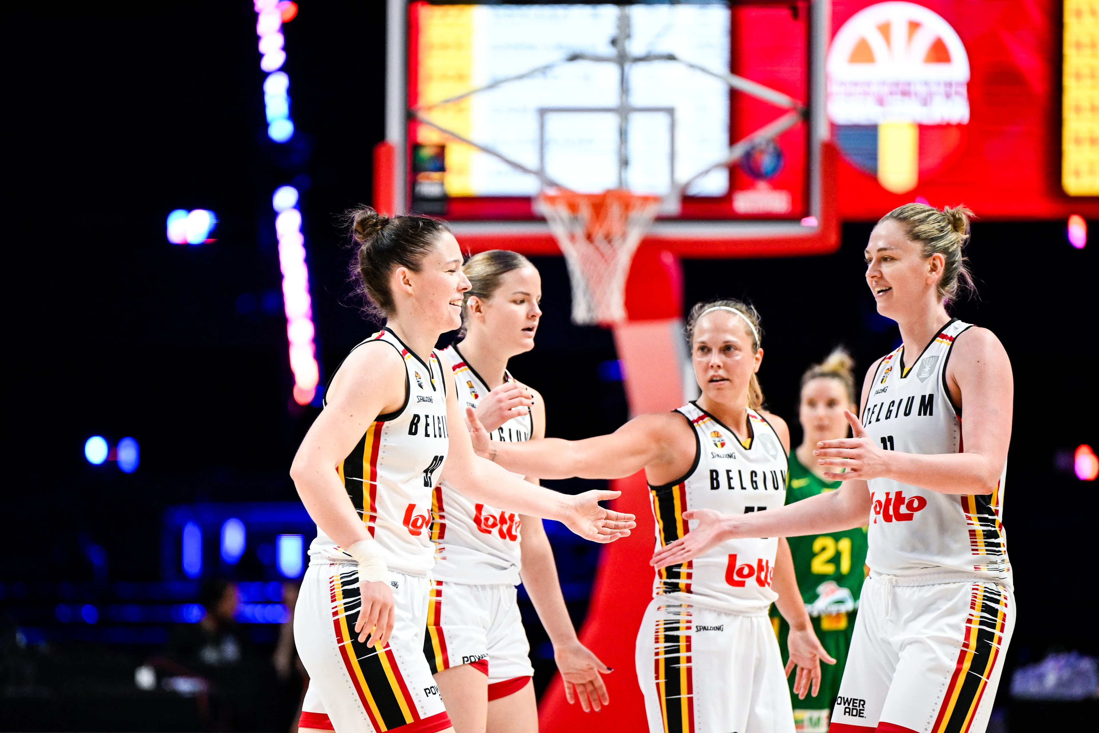 Belgium's Ine Joris, Belgium's Julie Allemand and Belgium's Emma Meesseman pictured during a basketball game between Belgian national team the Belgian Cats and Lithuania, a qualification game (3/6) for the 2025 Eurobasket tournament, on Thursday 07 November 2024 in Antwerp, Belgium. BELGA PHOTO TOM GOYVAERTS