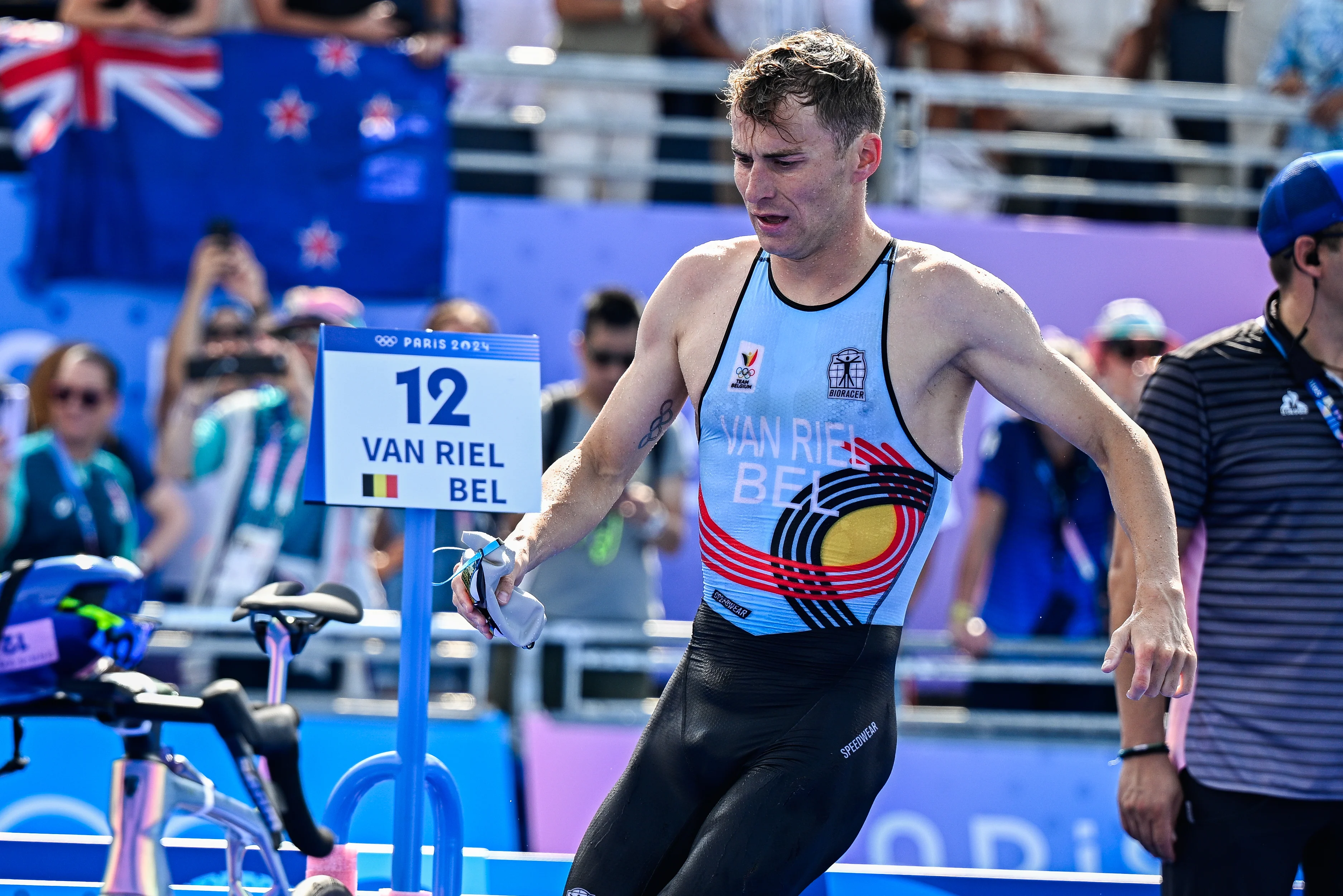 Belgian Marten Van Riel pictured in action during the biking part of the men's individual triathlon race at the Paris 2024 Olympic Games, on Wednesday 31 July 2024 in Paris, France. The Games of the XXXIII Olympiad are taking place in Paris from 26 July to 11 August. The Belgian delegation counts 165 athletes competing in 21 sports. BELGA PHOTO JASPER JACOBS