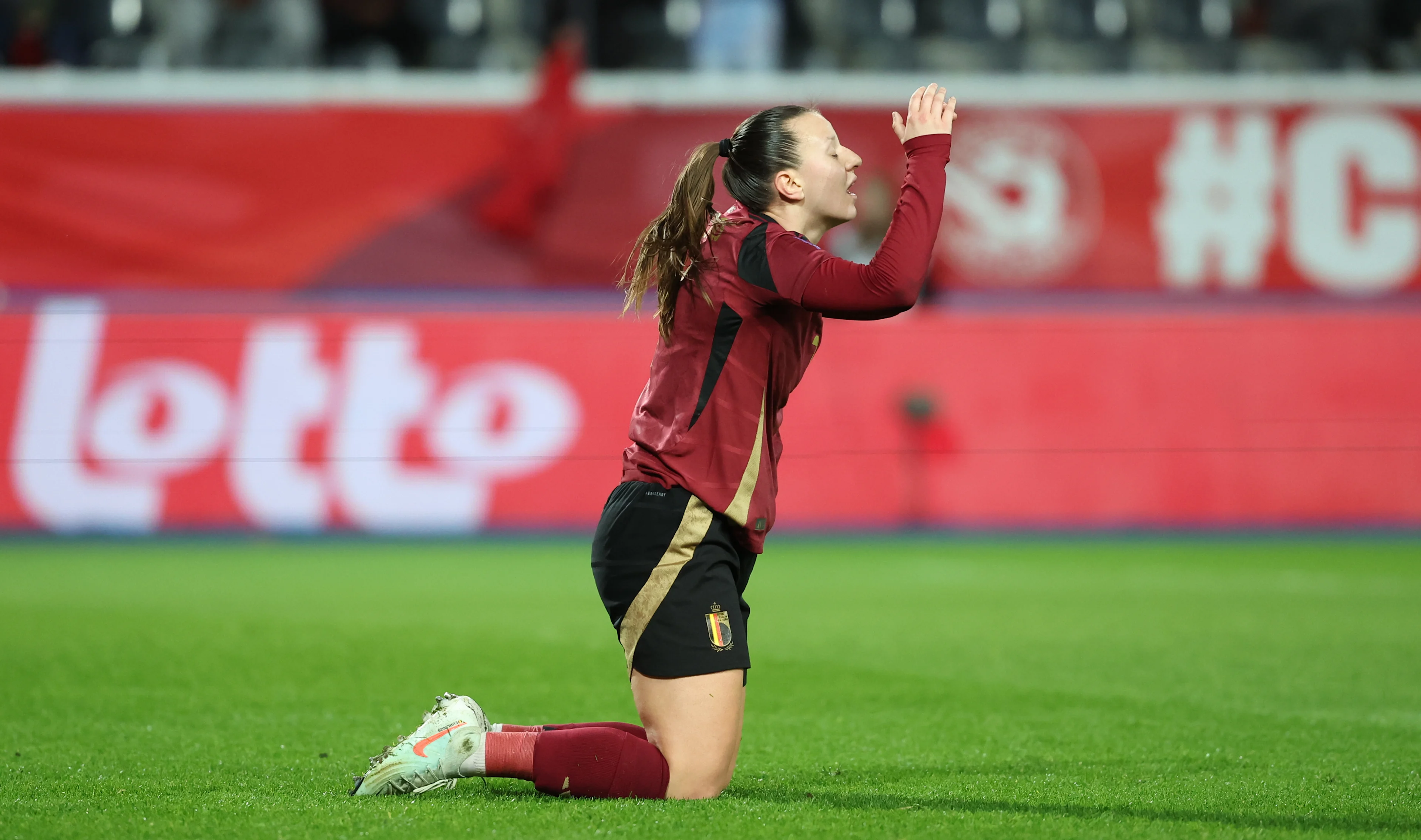 Belgium's Hannah Eurlings looks dejected during a soccer game between the national teams of Belgium (Red Flames) and Portugal, on the second matchday in group A3 of the 2024-25 Women's Nations League competition, on Wednesday 26 February 2025 in Heverlee, Leuven. BELGA PHOTO VIRGINIE LEFOUR