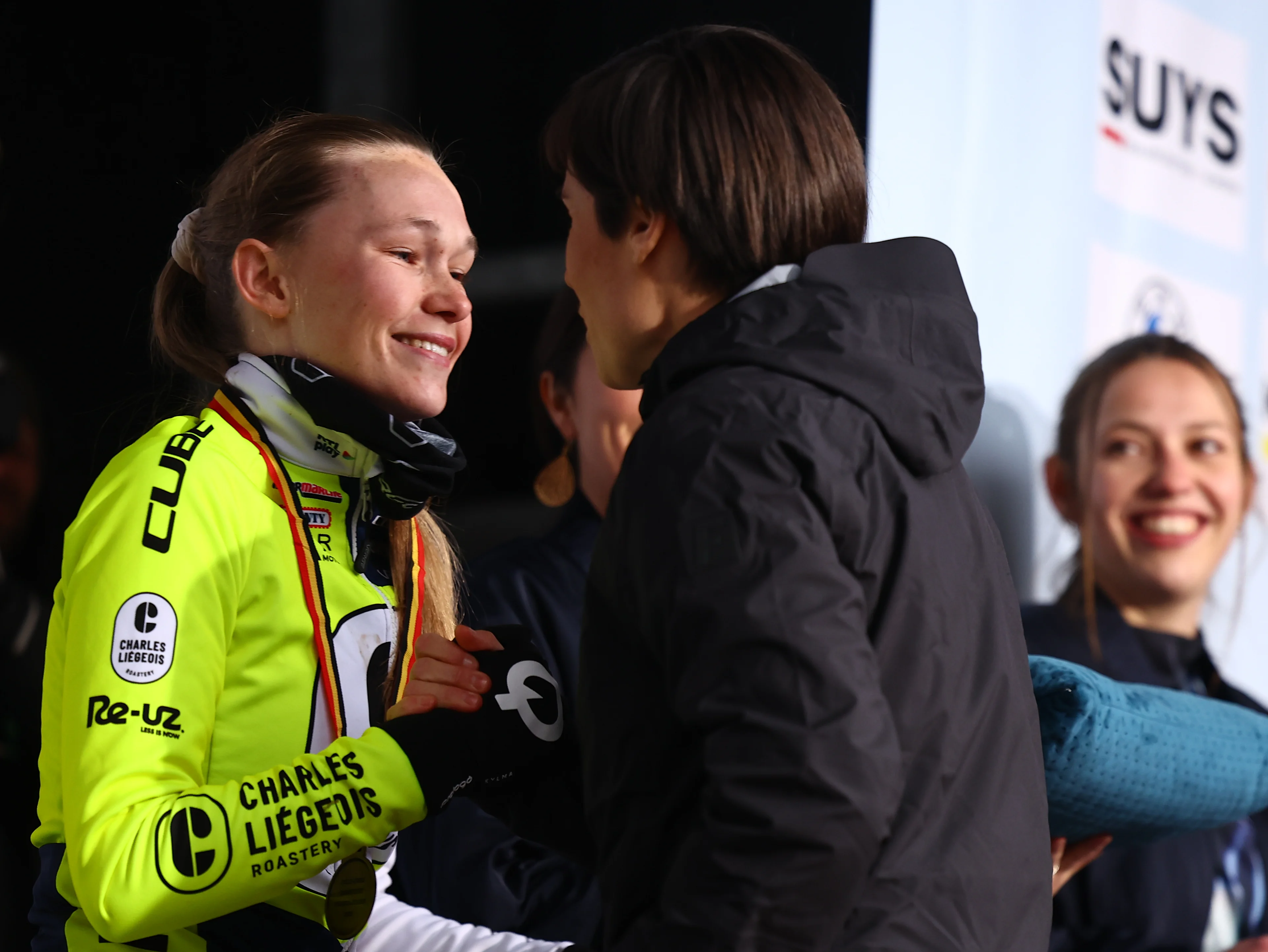 Belgian Julie Brouwers and Belgian Sanne Cant pictured on the podium after the women Elite race of the Belgian Championships cyclocross (11-12/01) on Saturday 11 January 2025 in Heusden-Zolder. BELGA PHOTO DAVID PINTENS