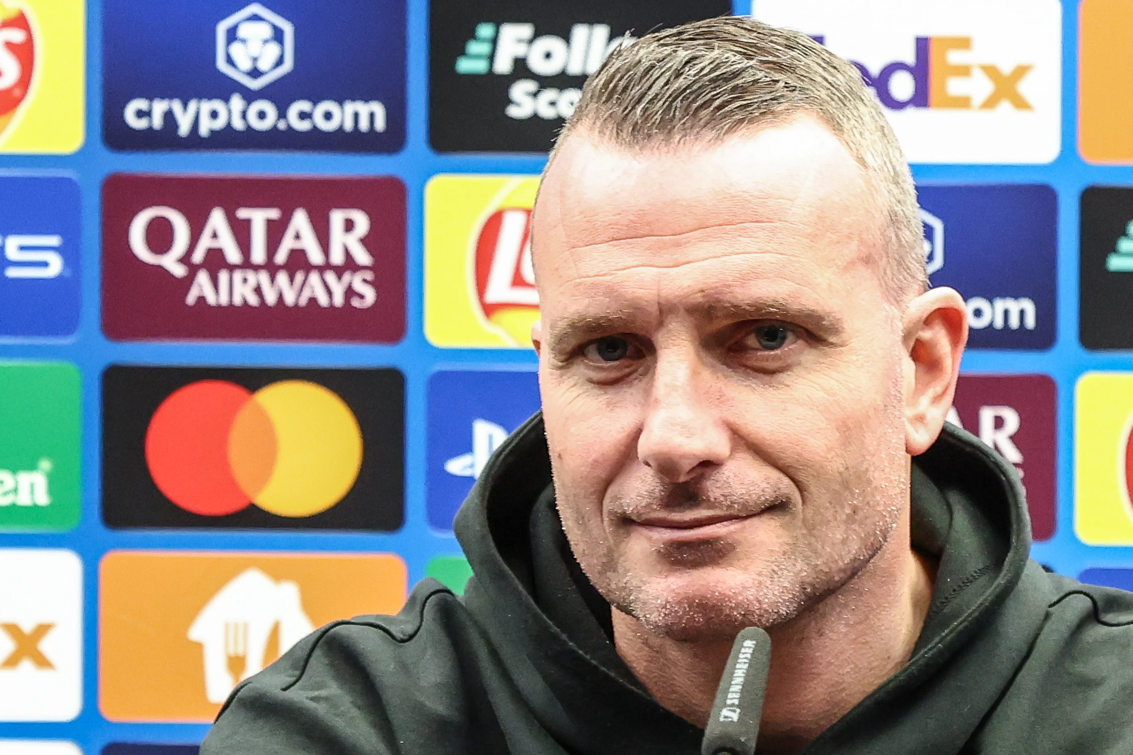 Club's head coach Nicky Hayen pictured during a press conference of Belgian soccer Club Brugge KV, Monday 03 March 2025 in Brugge. Tomorrow, they will play against English club Aston Villa, on the first leg of the 1/8 finals of the UEFA Champions League knockout phase. BELGA PHOTO BRUNO FAHY