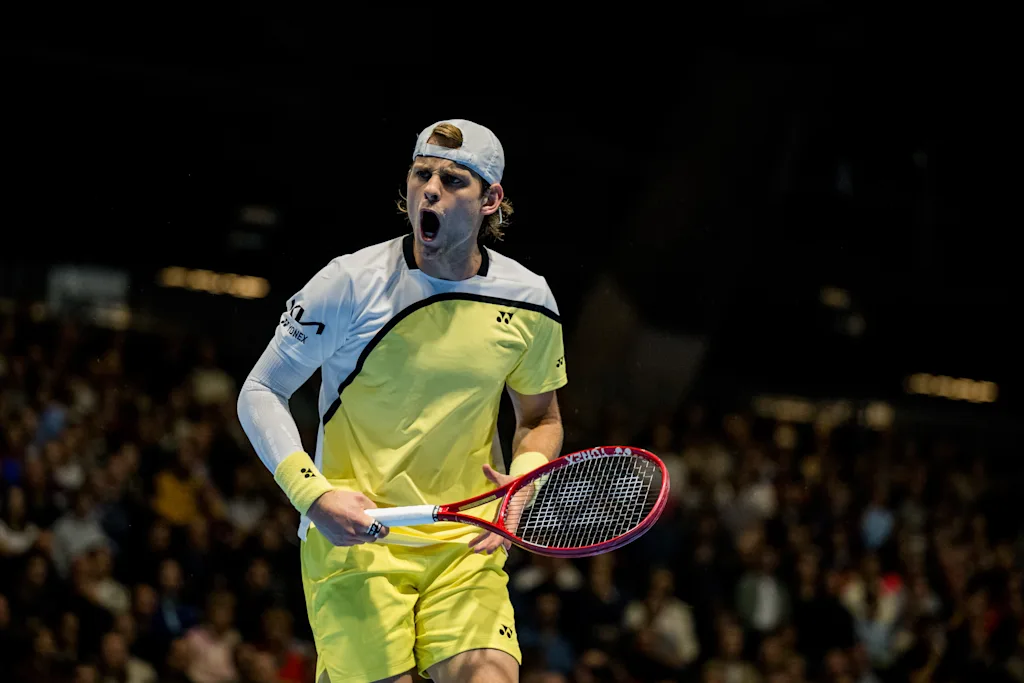 Zizou Bergs of Belgium celebrates during the European Open ATP tennis tournament in Brussels, on Friday 23 October 2026. This year's edition of the tournament is taking place from 17 to 25 October BELGA PHOTO JASPER JACOBS