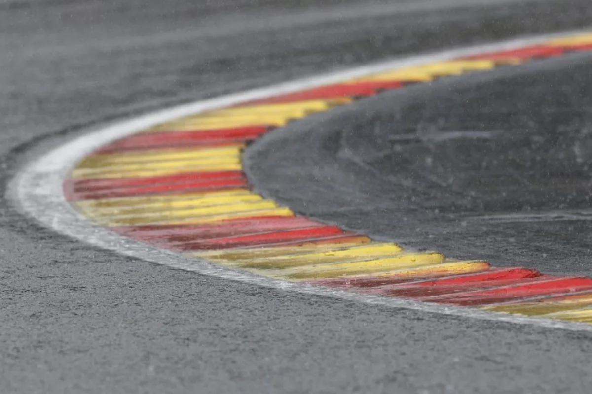 A photo shows the wet track during rain  before the sprint shootout ahead of the Formula One Belgian Grand Prix at the Spa-Francorchamps Circuit in Spa on July 29, 2023.  Kenzo TRIBOUILLARD / AFP