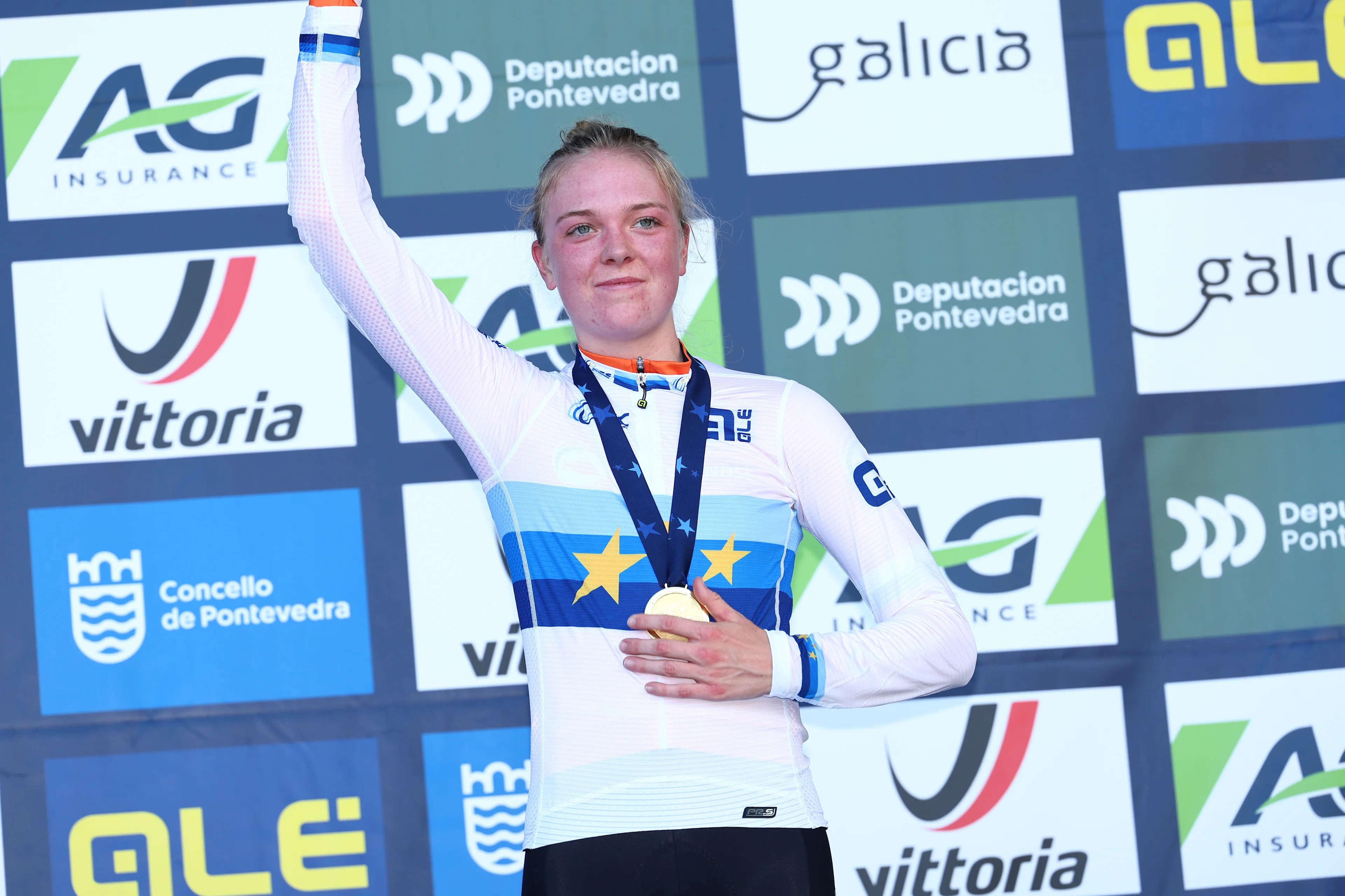 Winner Dutch Fem Van Empel celebrates on the podium of the Women Elite race at the European Championships cyclocross cycling in Pontevedra, Spain, Sunday 03 November 2024. BELGA PHOTO DAVID PINTENS