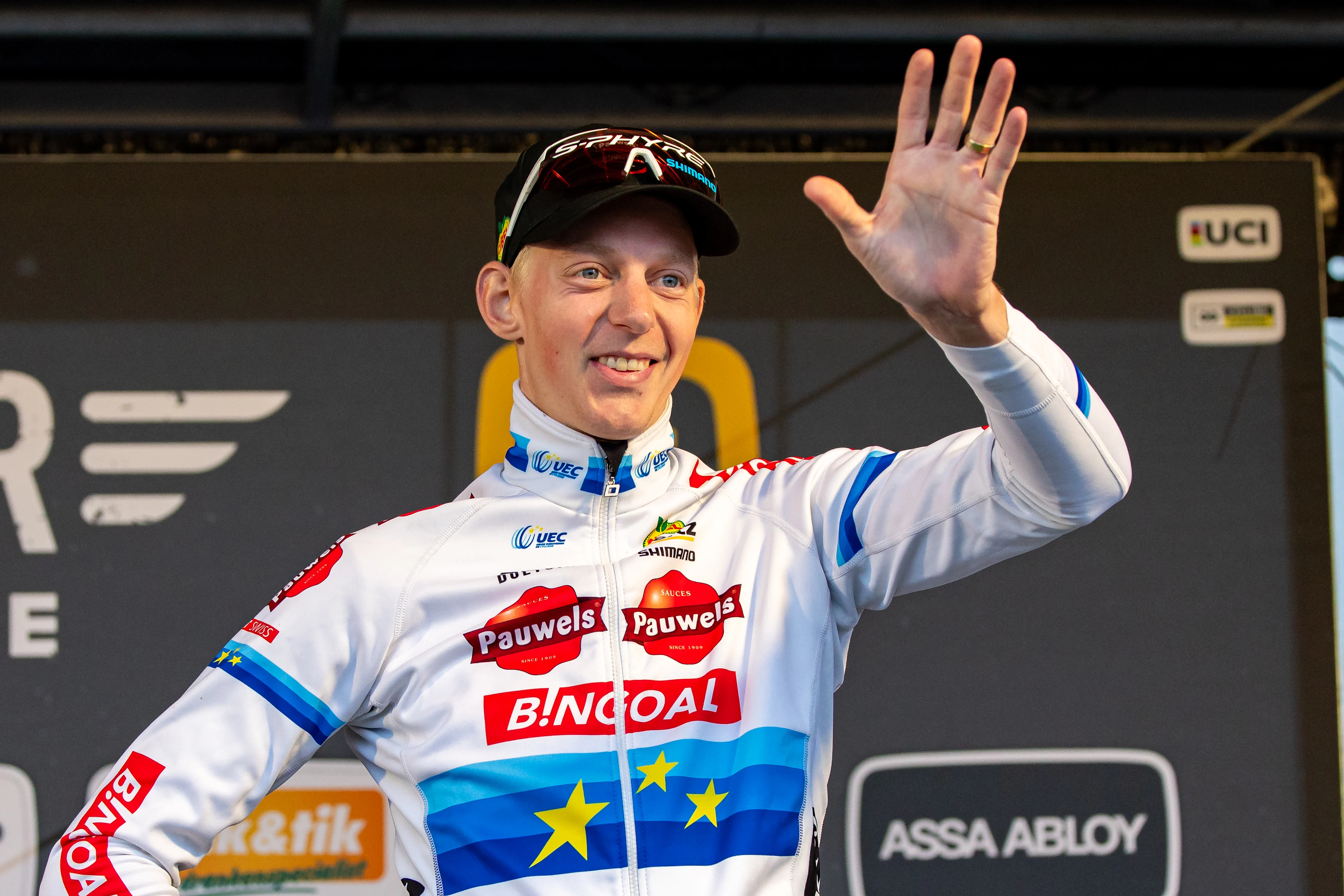 Belgian Michael Vanthourenhout celebrates on the podium after the men elite race of the Cyclocross Ruddervoorde, Sunday 20 October 2024 in Oostkamp, the first stage of the Superprestige cyclocross cycling competition. BELGA PHOTO KURT DESPLENTER