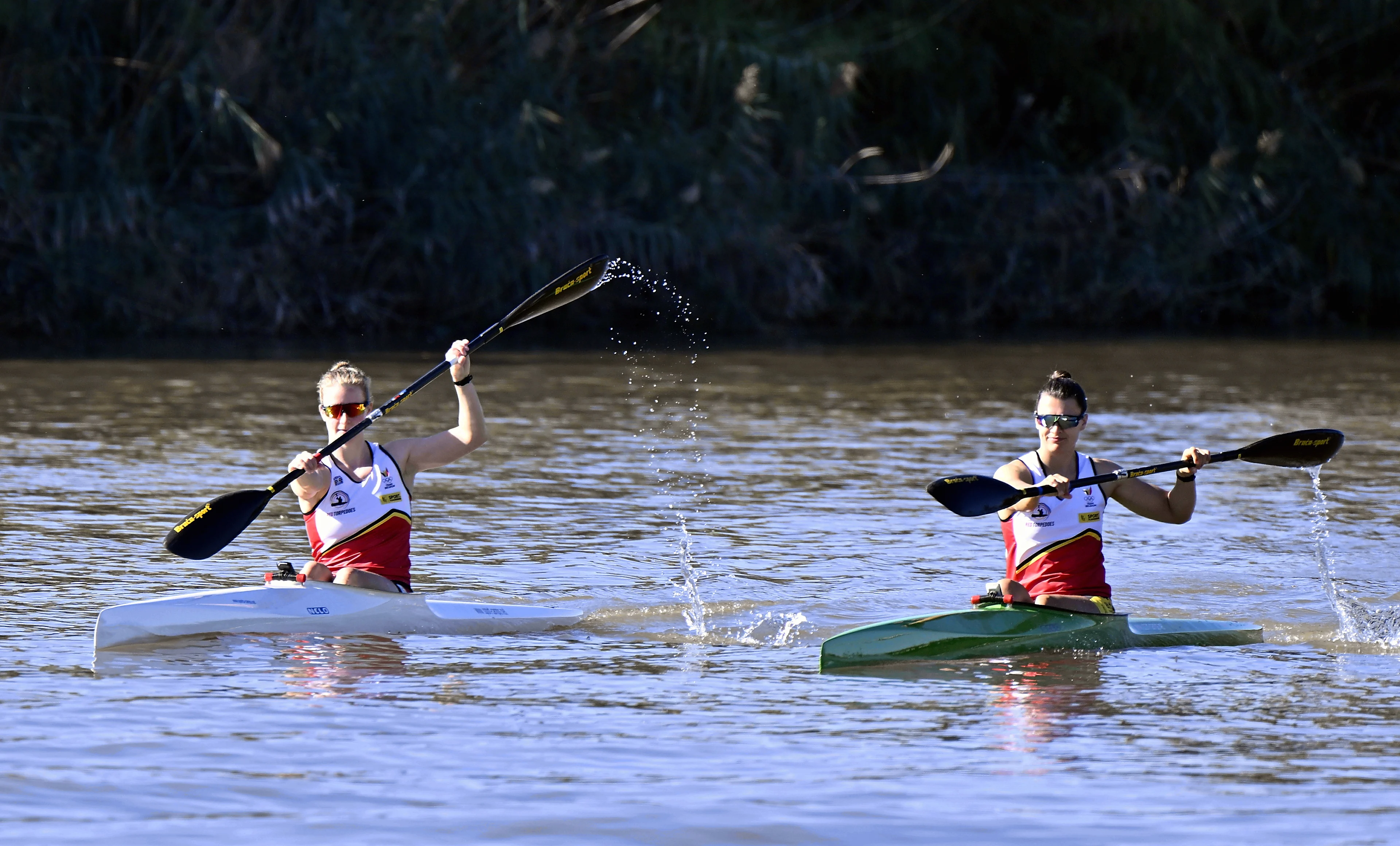 kayaker Hermien Peters and Kayaker Lize Broekx pictured in action during a training camp organized by the BOIC-COIB Belgian Olympic Committee in Belek, Turkey, Friday 17 November 2023. The camp takes place from 11 to 25 November. BELGA PHOTO ERIC LALMAND