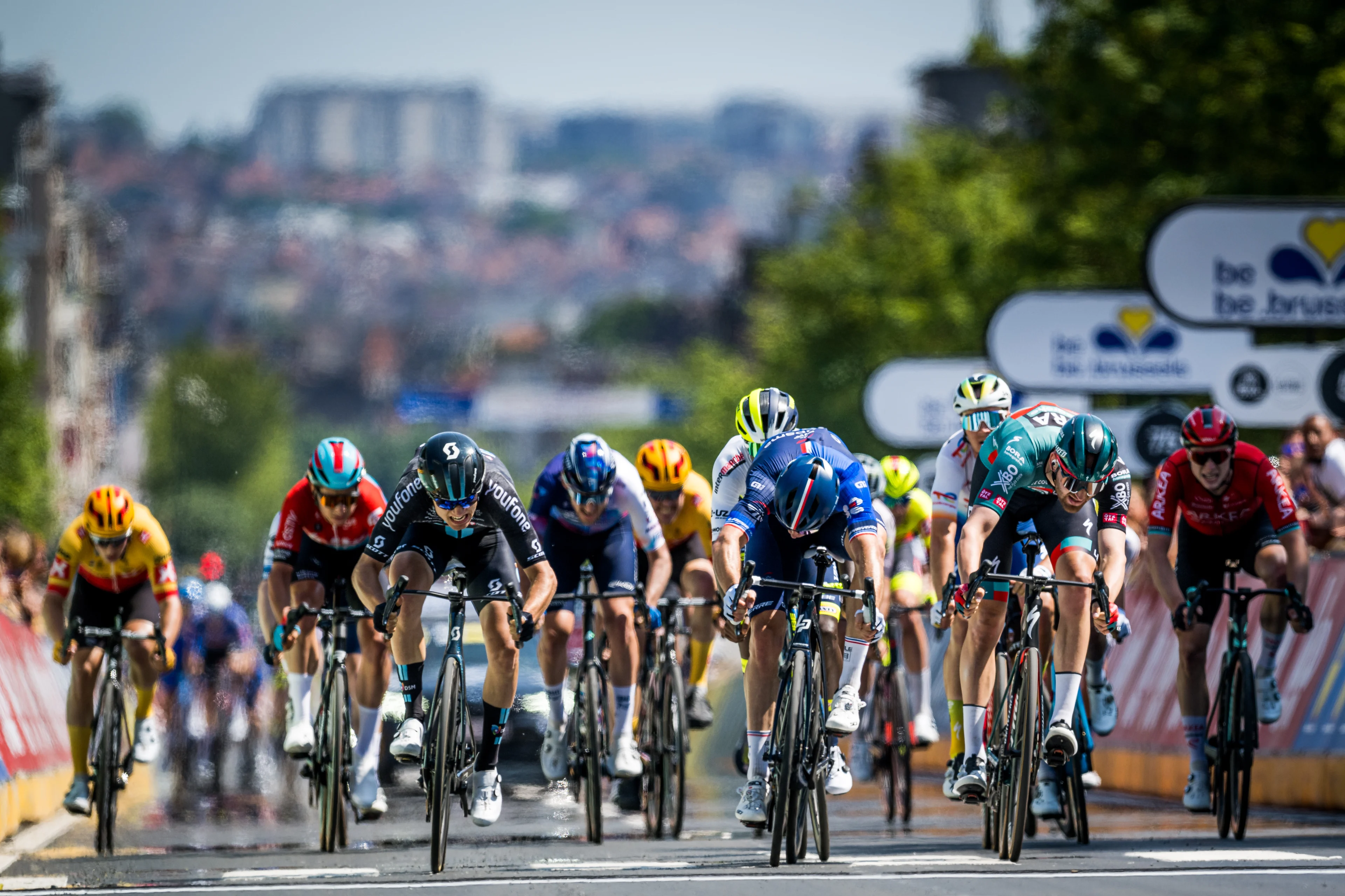 Danish Tobias Lund Andresen Team DSM, French Arnaud Demare of Groupama-FDJ and Belgian Jordi Meeus of Bora-Hansgrohe sprint to the finish of the Brussels Cycling Classic one day cycling race, 203,9 km from and to Brussels, Sunday 04 June 2023. BELGA PHOTO JASPER JACOBS