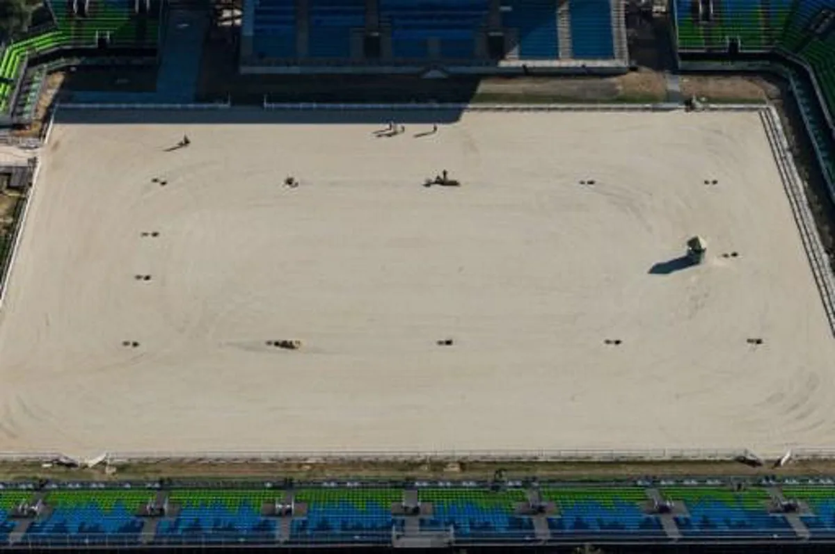 Aerial view of the Olympic Equestrian Centre with its jumping and dressage arena, cross-country course and horse and trainer accommodation for the upcoming Rio 2016 Olympic Games, in Rio de Janeiro, Brazil, taken on July 26, 2016. The Rio 2016 Olympic and Paralympic Games will be held in Brazil from August 5-21 and September 7-18 respectively.
YASUYOSHI CHIBA / AFP