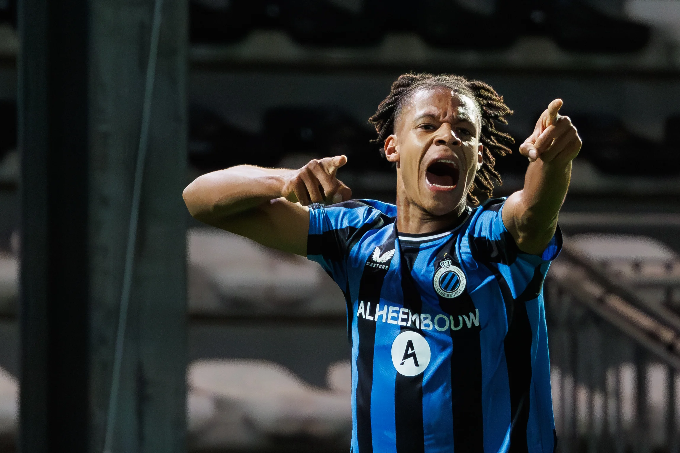 Club's Kaye Furo celebrates after scoring during a soccer match between Club NXT and RFC Seraing, in Roeselare, on the fourth day of the 2024-2025 season of the 'Challenger Pro League' second division of the Belgian championship, Friday 13 September 2024. BELGA PHOTO KURT DESPLENTER