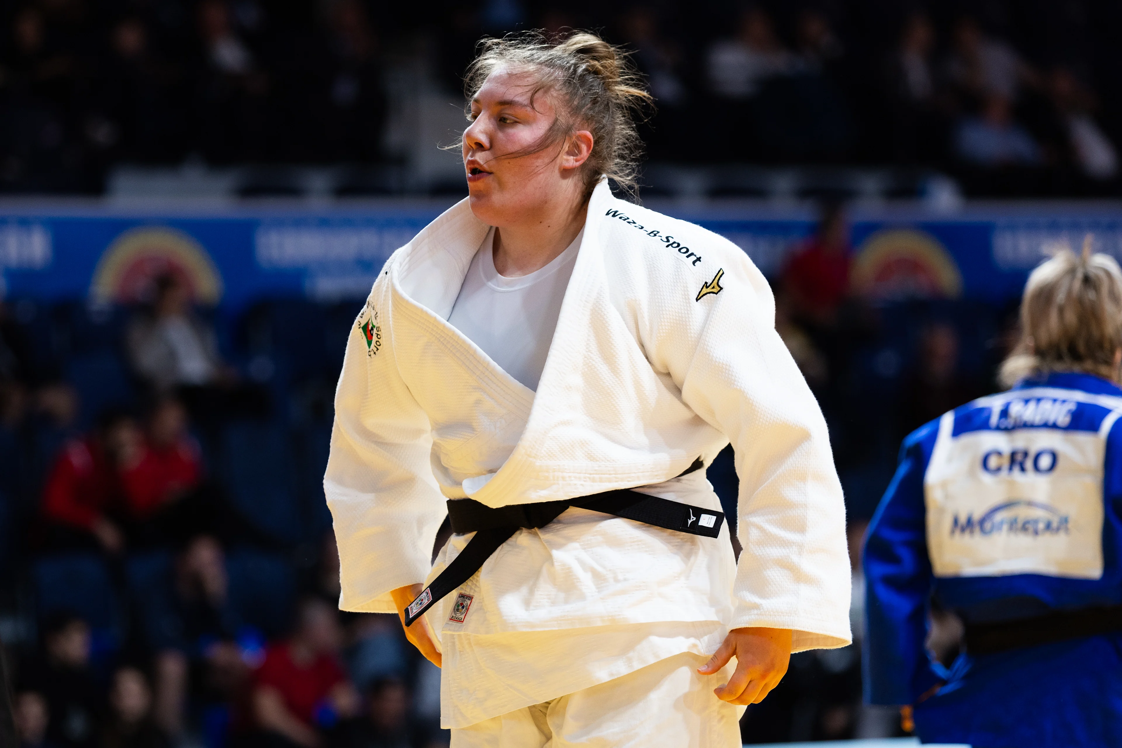 Belgian Gabrielle Bouvier pictured during a fight in the Women +78kg, at the European Judo Championships in Podgorica, Montenegro, on Saturday 26 April 2025. The tournament is taking place from 23 tot 27 April 2025. BELGA PHOTO NIKOLA KRISTC