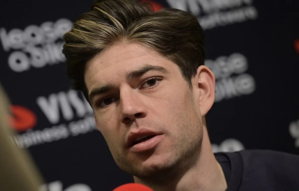 Team Visma-Lease a Bike's Belgian cyclist Wout van Aert speaks during an interview at the presentation of their team for 2025 at a hotel in La Nucia, near Alicante, eastern Spain on January 14, 2025.  JOSE JORDAN / STR / AFP