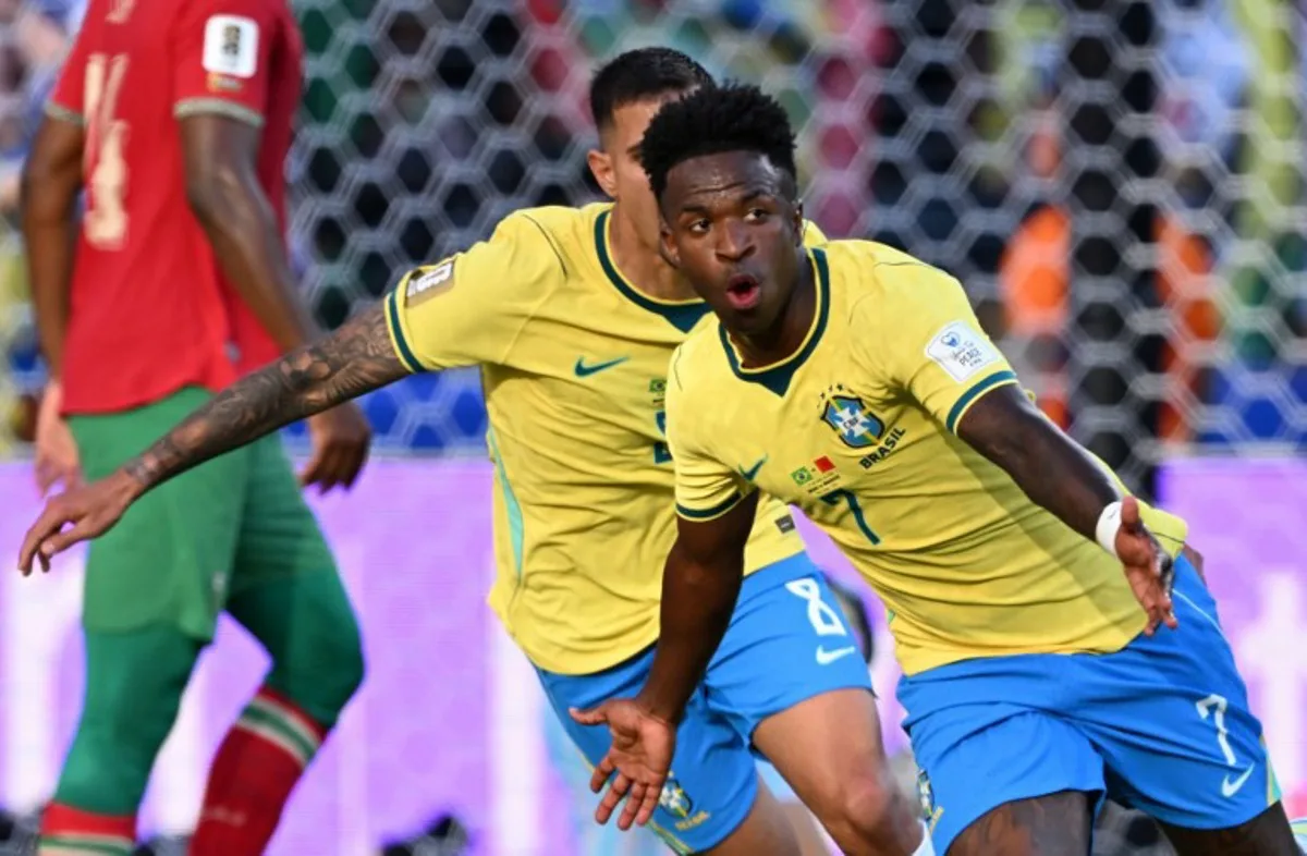 Brazil's forward #07 Vinicius Junior celebrates scoring his team's first goal during the 2026 World Cup Group C football match between Brazil and Morocco at the New York/New Jersey Stadium in East Rutherford on June 13, 2026. Jewel SAMAD / AFP