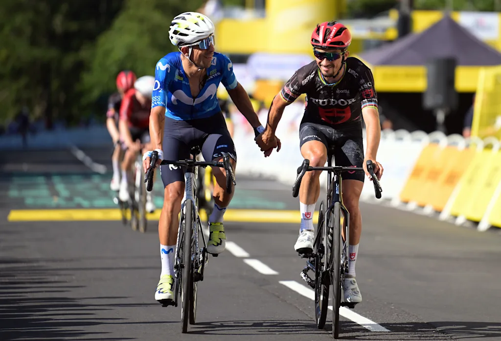 Spanish Javier Romo Oliver of Movistar Team and French Julian Alaphilippe of Tudor Pro Cycling Team crosses the finish line of the stage 10 of the 2026 Tour de France cycling race, a stage of 167km from Aurillac to Le Lioran, on Tuesday 14 July 2026. The 113th edition of the Tour de France starts on Saturday 4 July in Barcelona, Spain, and will finish in Paris, France on the 26th of July. BELGA PHOTO POOL LUCA BETTINI