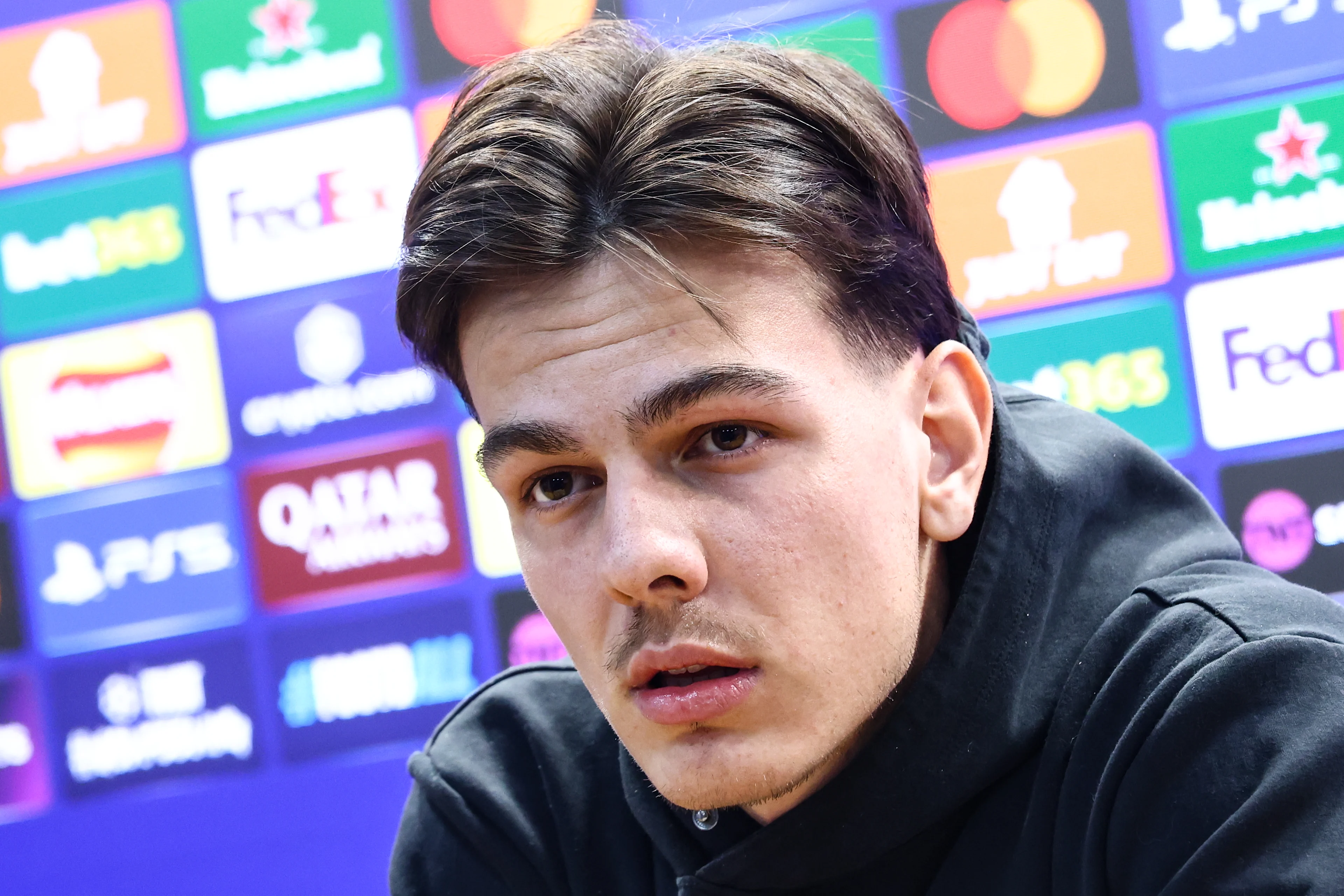 Club's Ardon Jashari pictured during a press conference of Belgian soccer Club Brugge KV, Tuesday 11 March 2025 in Birmingham, United Kingdom. Tomorrow, they will play against English club Aston Villa, on the second leg of the 1/8 finals of the UEFA Champions League knockout phase. BELGA PHOTO BRUNO FAHY BELGA PHOTO BRUNO FAHY