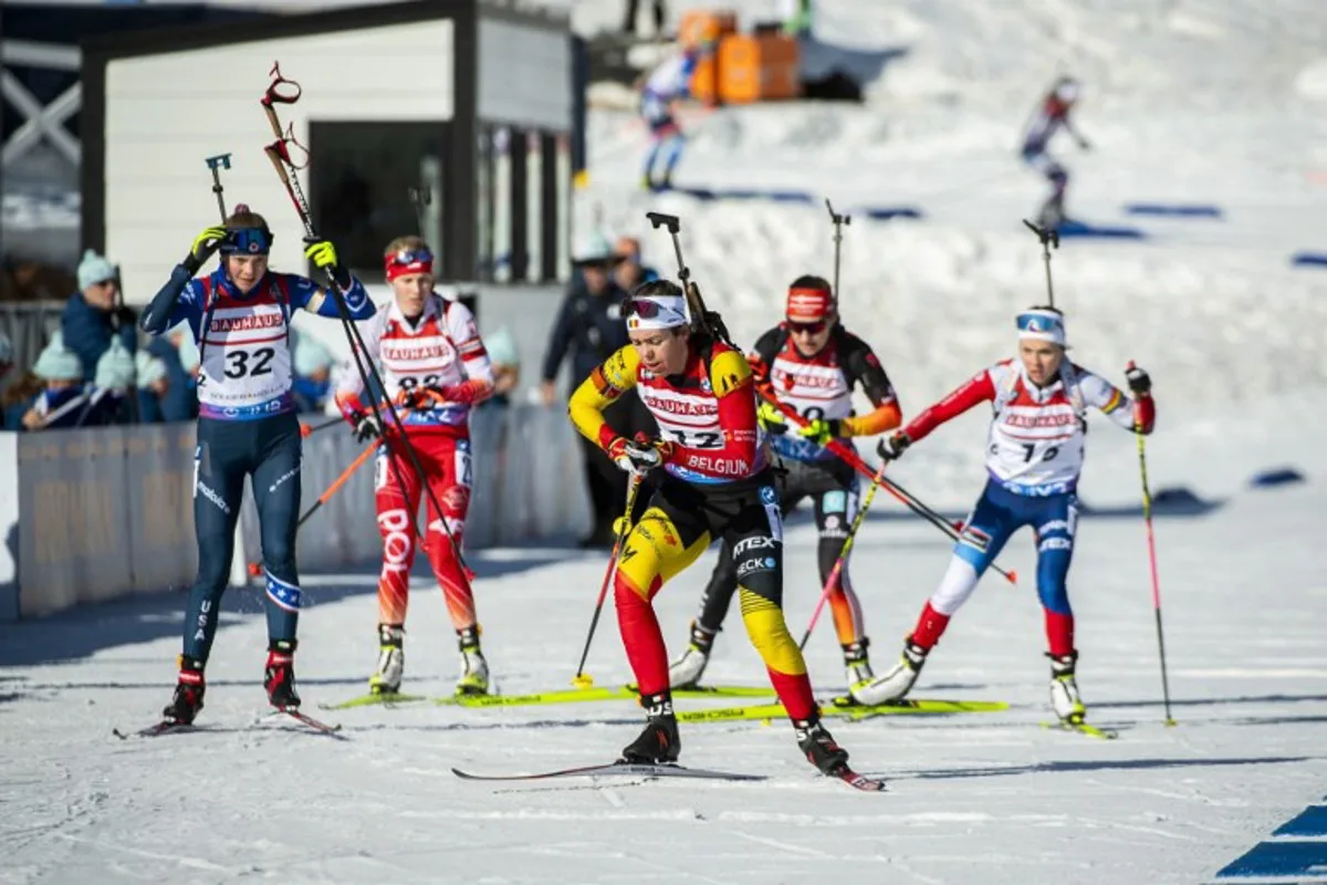 Belgium's Lotte Lie skis after shooting during the women's 10-km pursuit of the IBU Biathlon World Cup at the Soldier Hollow Nordic Center in Midway, Utah, on March 10, 2024.  Isaac HALE / AFP