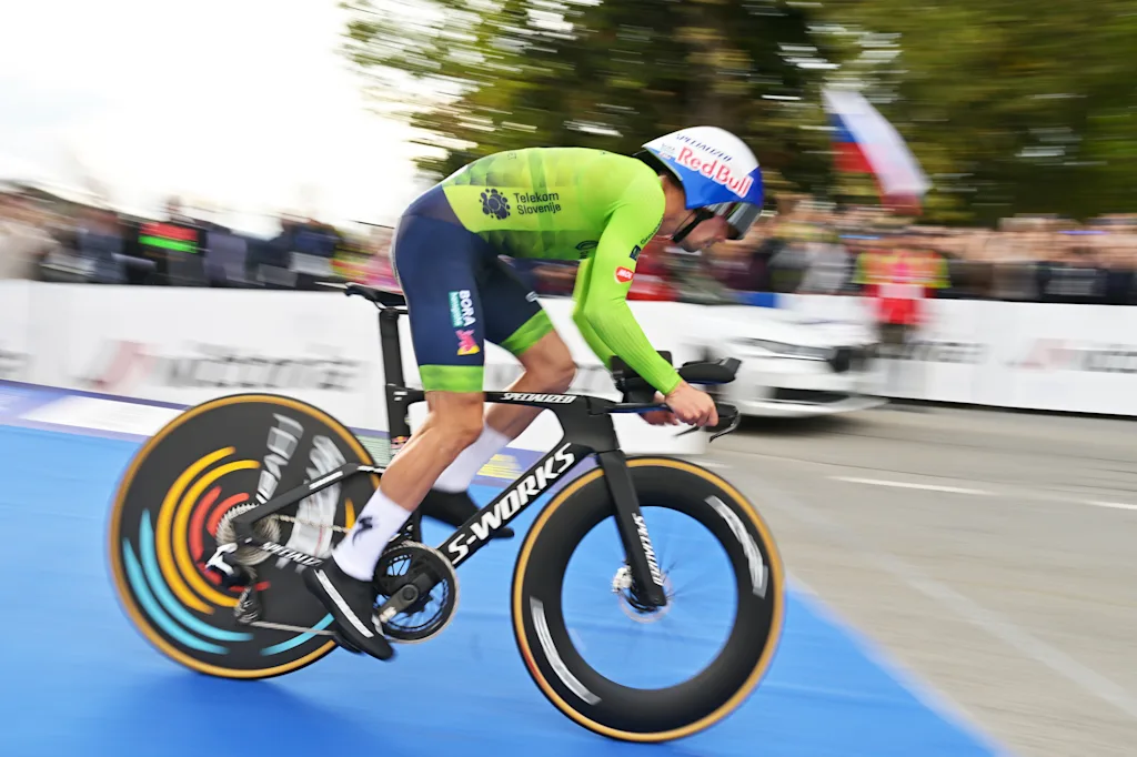 Slovenia's Primoz Roglic pictured at the start of the Men Elite Individual Time Trial race (22km) at the cycling UEC Road European Championships, in Ljubljana, Slovenia, on Wednesday 7 October 2026. The UEC Road European Championships are taking place from 02 to 07 October in Ljubljana, Slovenia. BELGA PHOTO DAVID PINTENS