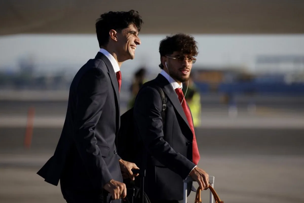 Morocco's goalkeeper Yassine Bounou (L) and forward Abde Ezzalzouli (R), arrive with team Morocco at Newark Liberty International Airport (EWR) in Newark, New Jersey, on June 3, 2026 ahead of the FIFA World Cup. Leonardo MUNOZ / AFP