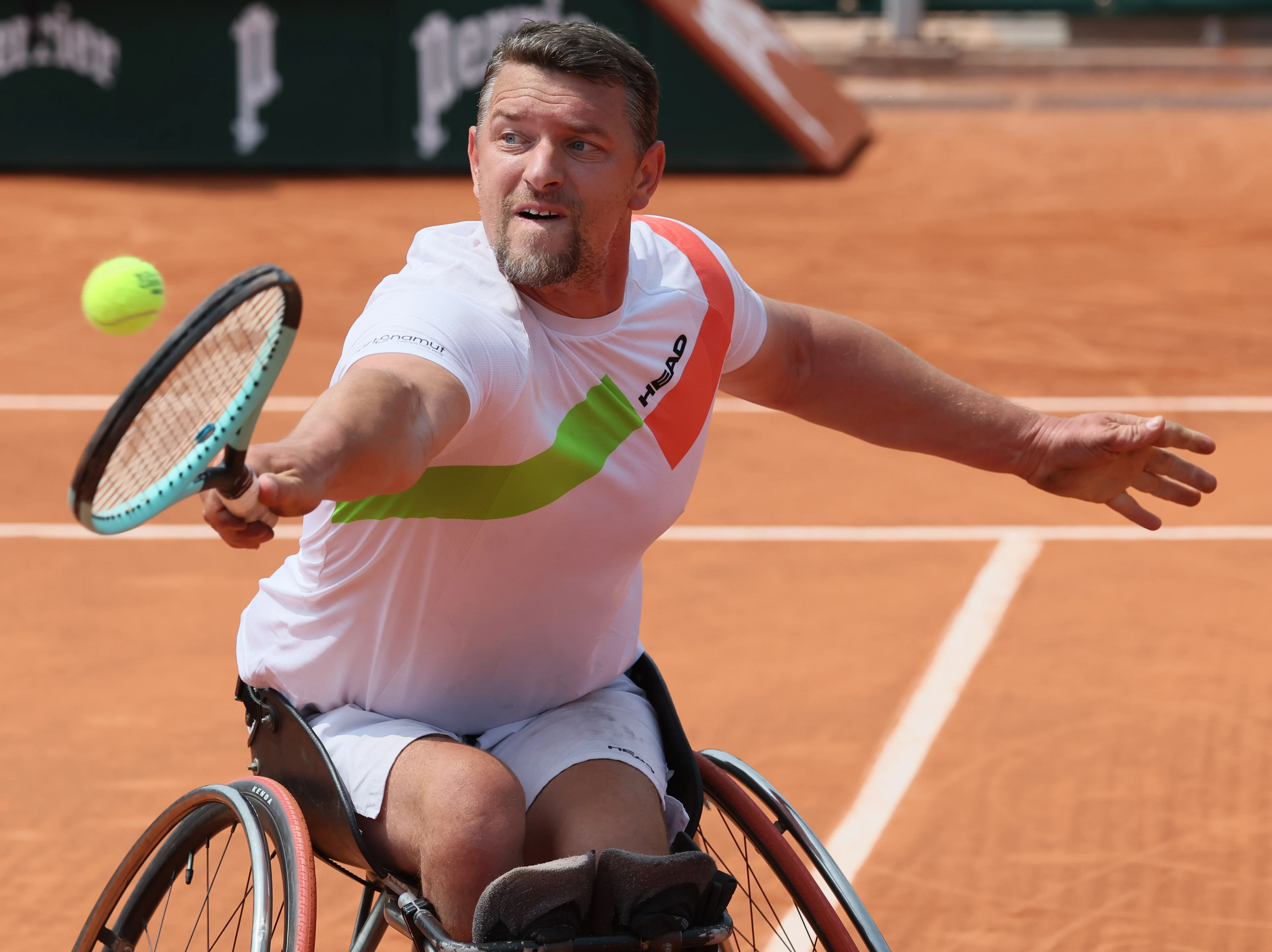 Belgian Joachim Gerard pictured during a simple tennis match between Belgian Gerard and Dutch Spaargaren, in the men's simple at the Roland Garros wheelchair-tennis tournament, in Paris, France. The 2025 edition of Roland Garros takes place from May 25th to June 8th 2025. BELGA PHOTO BENOIT DOPPAGNE