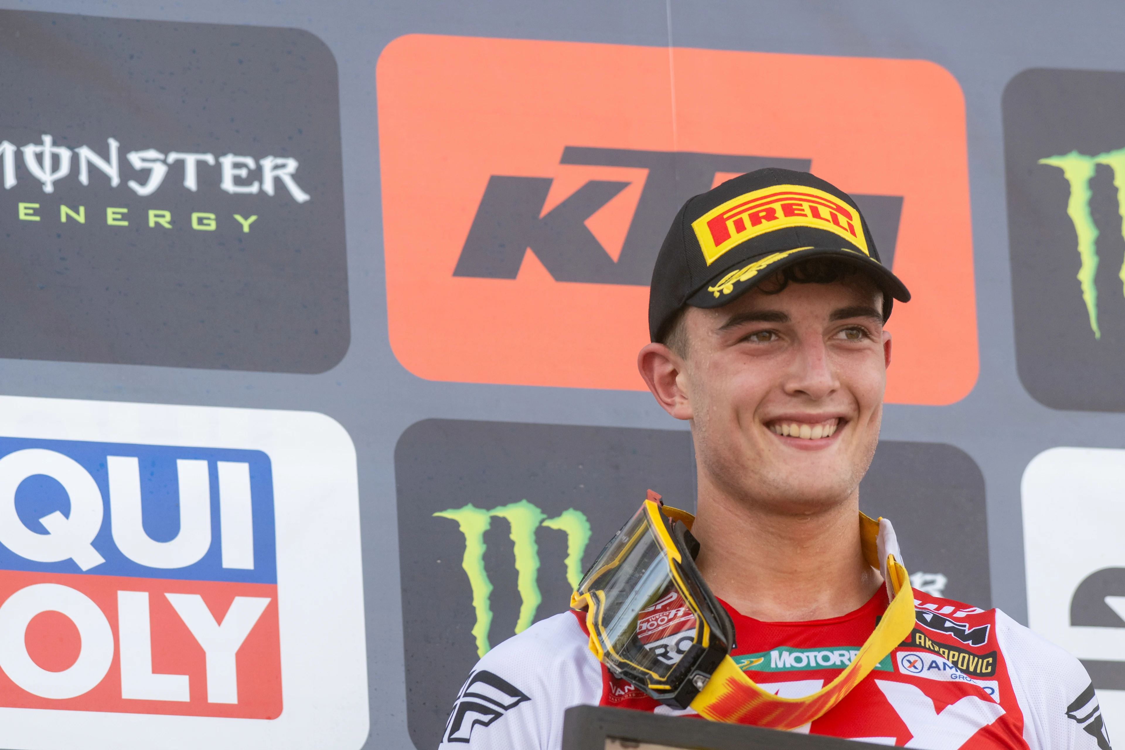 Belgium's Lucas Coenen celebrates on the podium after winning the motocross MXGP Grand Prix Flanders, race 15/20 of the FIM Motocross World Championship, Sunday 03 August 2025 in Lommel. BELGA PHOTO JONAS ROOSENS