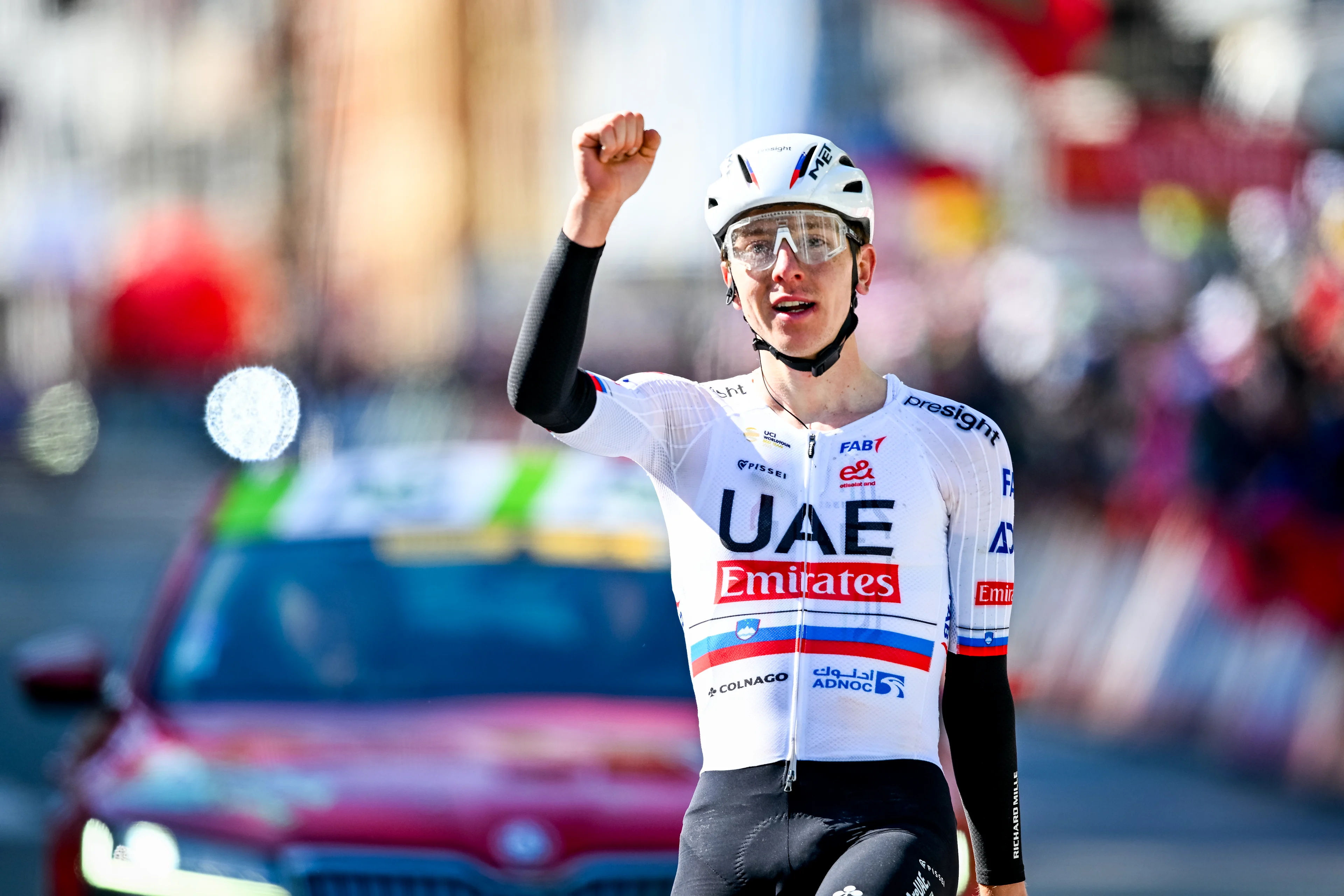 Slovenian Tadej Pogacar of UAE Team Emirates celebrates as he crosses the finish line at the men elite race of the Liege-Bastogne-Liege one day cycling event, 254,5 km km from Liege, over Bastogne to Liege, Sunday 21 April 2024. BELGA PHOTO ERIC LALMAND