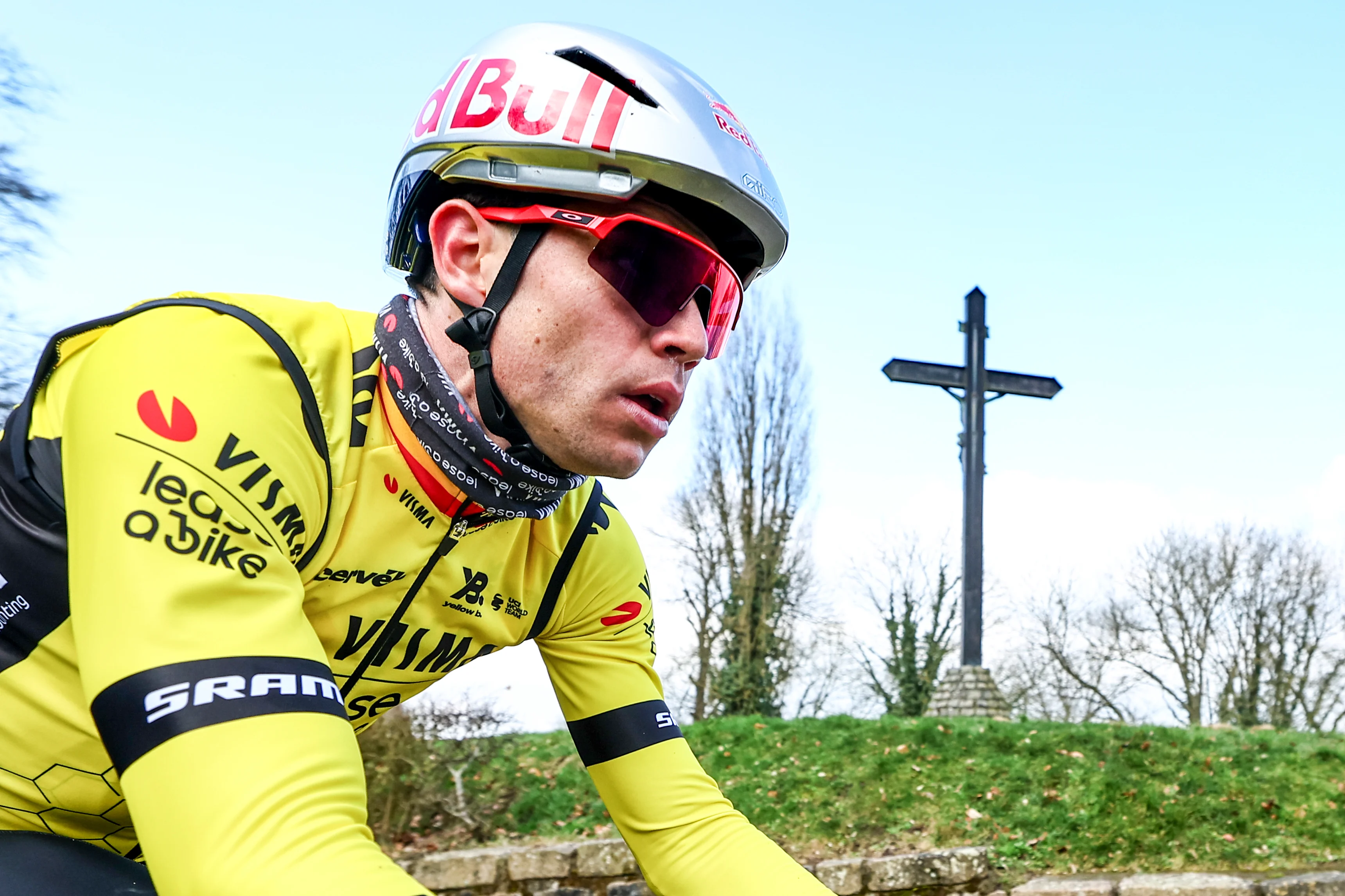 Belgian Wout van Aert of Team Visma-Lease a Bike pictured in action at the Muur van Geraardsbergen (Mur de Grammont) during a track reconnaissance session ahead of this weekend's one-day cycling race Omloop Het Nieuwsblad, opening race of the Flemish classic one day races season, Friday 28 February 2025. BELGA PHOTO DAVID PINTENS