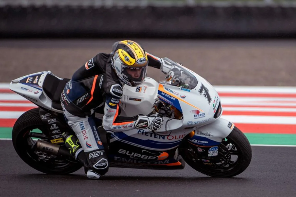 RW Racing GP Team's Belgiam rider Barry Baltus competes during the free practice session for the Indonesian Grand Prix Moto2 race at the Mandalika International Circuit at Kuta Mandalika in Central Lombok on March 18, 2022.  BAY ISMOYO / AFP