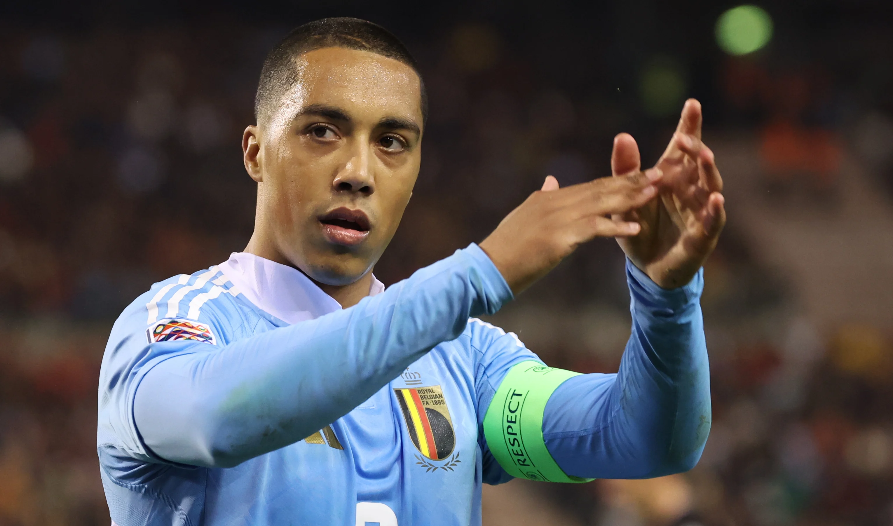 Belgium's Youri Tielemans gestures during a soccer game between Belgian national soccer team Red Devils and France, match 4 (out of 6) in the League A Group 2 of the UEFA Nations League 2025 competition, Monday 14 October 2024 in Brussels. BELGA PHOTO VIRGINIE LEFOUR