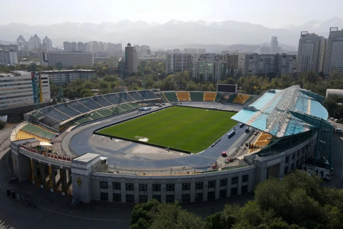 This photograph shows the Almaty Ortalyk stadion on the eve of the team's UEFA Champions League first round day 2 football match between Real Madrid and Kairat Almaty at Almaty Ortalyk stadion in Almaty on September 29, 2025. Ruslan PRYANIKOV / AFP