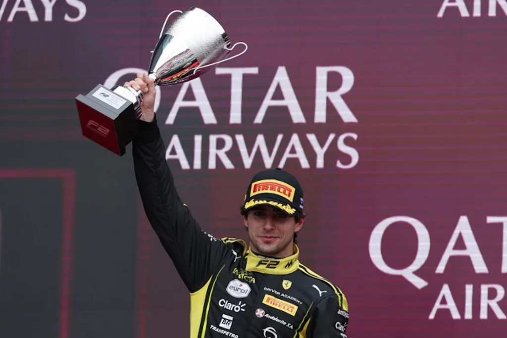 Second placed Invicta Rasing's Rafael Camara of Brazil celebrates on the podium after the Round 1 Melbourne Feature Race of the Formula 2 Championship at Albert Park Circuit on March 8, 2026, ahead of the Formula One Australian Grand Prix. Martin KEEP / AFP