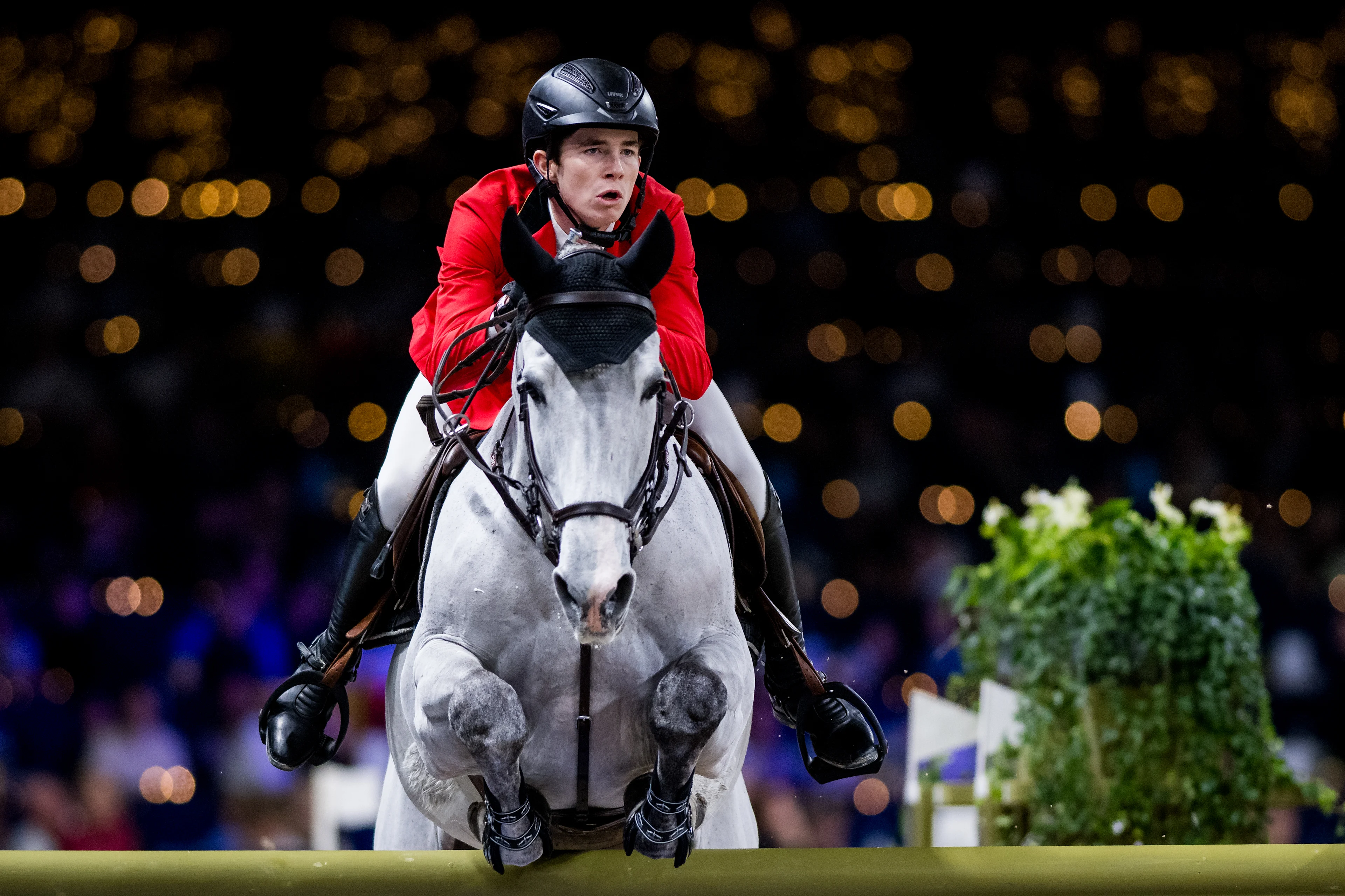 Belgian rider Thibeau Spits with King van Essene pictured in action during the FEI World Cup Jumping competition at the 'Vlaanderens Kerstjumping - Memorial Eric Wauters' equestrian event in Mechelen on Saturday 30 December 2023. BELGA PHOTO JASPER JACOBS