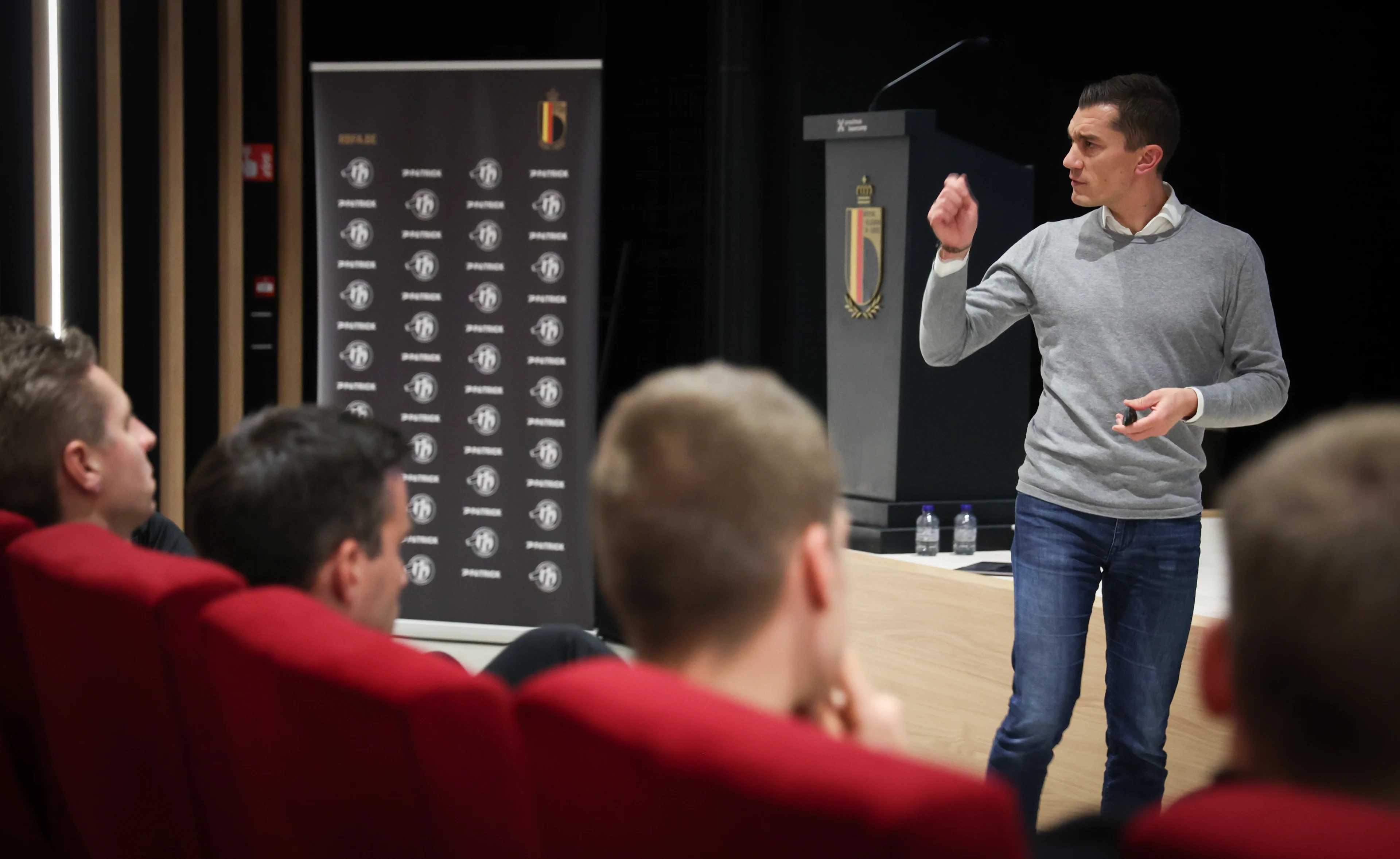 RBFA referee department director Jonathan Lardot pictured during the Pro Referee Club Day, organized by the Pro League and the Union belga de soccer (URBSFA), at Proximus Basecamp, in Tubize, Tuesday 19 November 2024. The Pro Referee Club Day is organized to provide information and clarification on the correct application of the rules of the game, how referees work and the designation procedure for matches. The clubs and referees of the Jupiler Pro League are present on this occasion to work together for a better understanding within professional soccer. BELGA PHOTO VIRGINIE LEFOUR