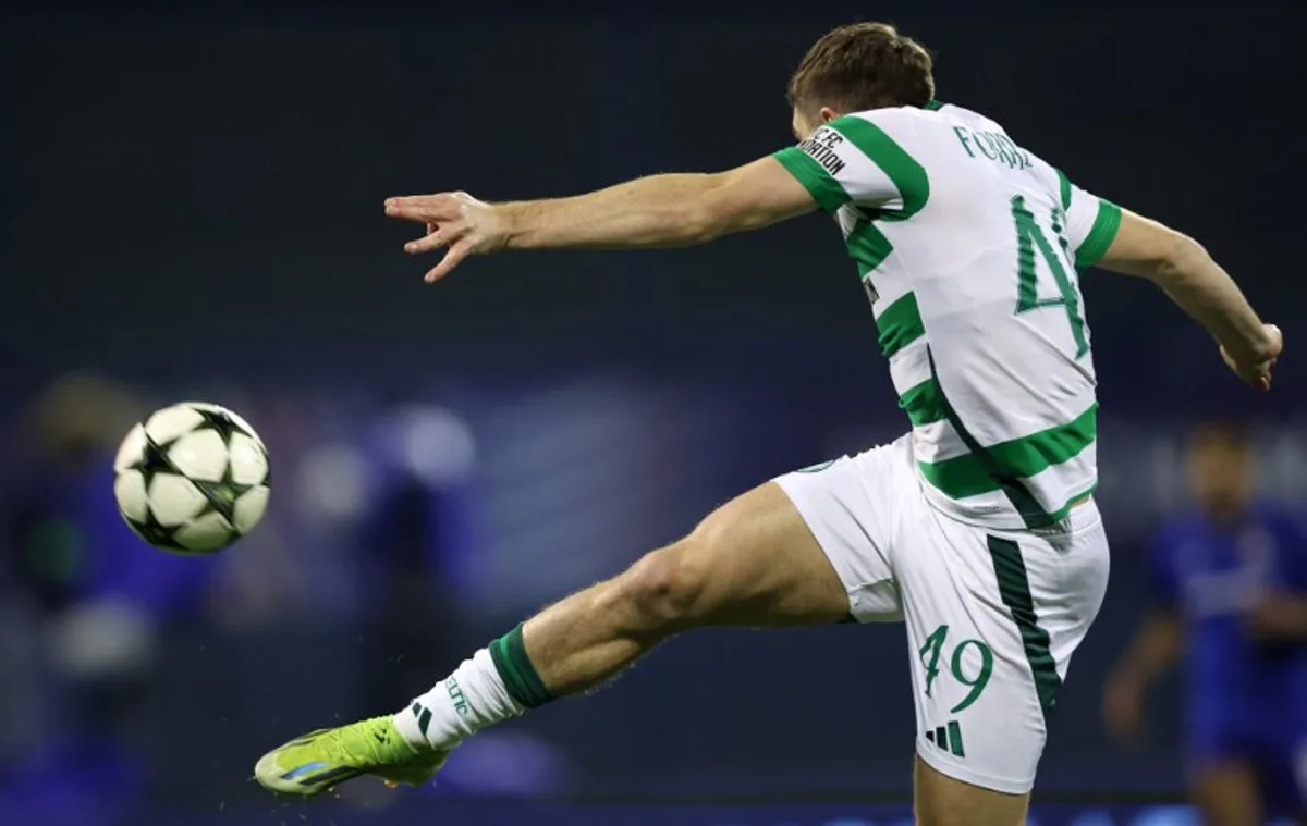 Celtic's Scottish midfielder #49 James Forrest kicks the ball during the UEFA Champions League, league phase day 6, football match between Dinamo Zagreb and Celtic FC, at the Maksimir Stadium in Zagreb, on December 10, 2024.  Damir SENCAR / AFP