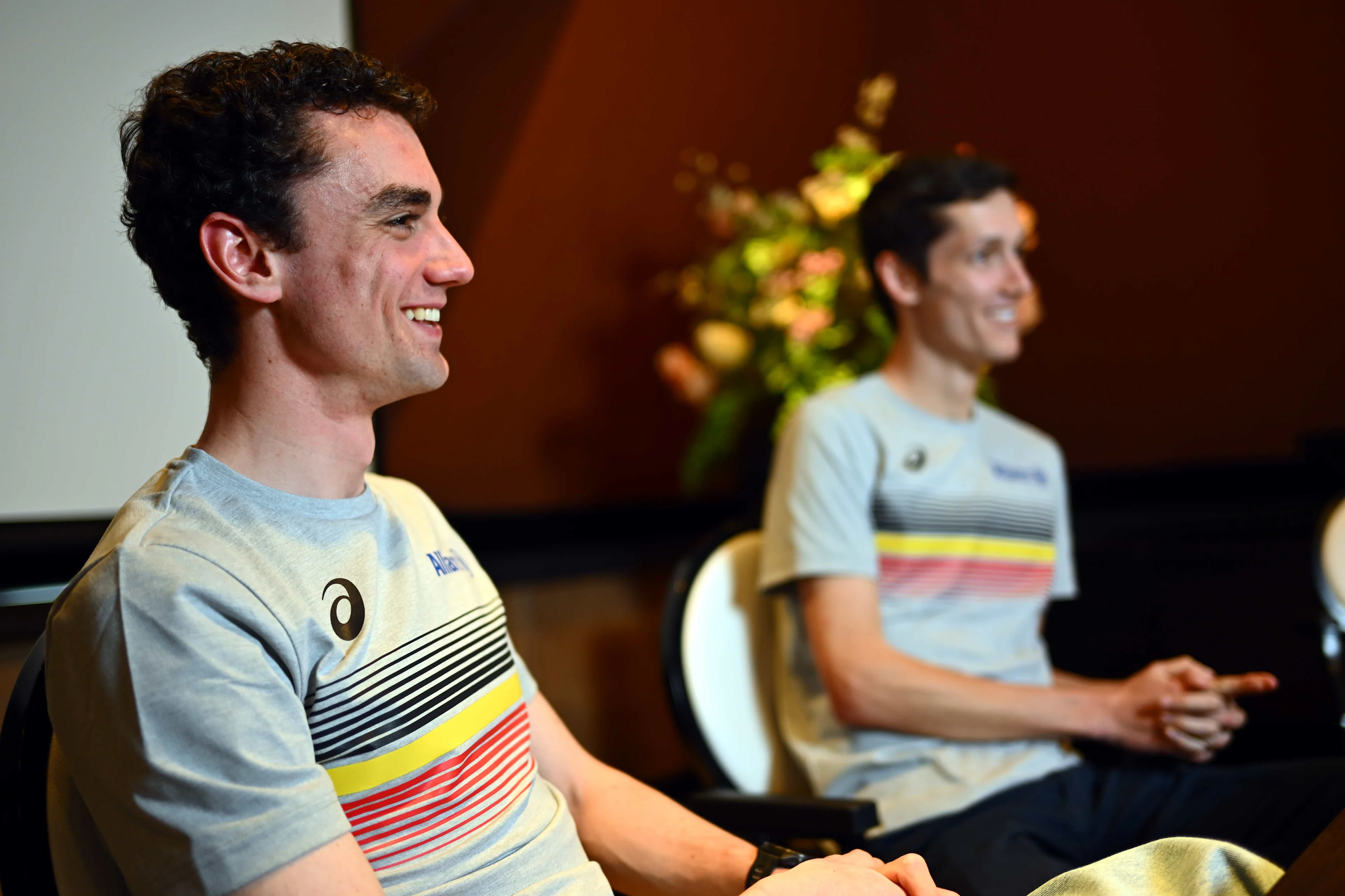 Belgian Jochem Vermeulen and Belgian Ruben Verheyden pictured during a press conference ahead of the European Athletics Indoor Championships, in Apeldoorn, The Netherlands, Tuesday 04 March 2025. The championships take place from 6 to 9 March. BELGA PHOTO ERIC LALMAND