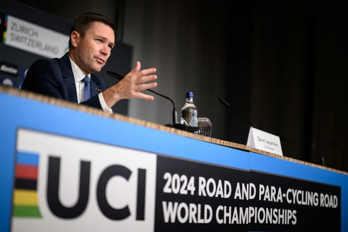 UCI President David Lappartient delivers a press conference during the UCI 2024 Cycling Road World Championships, in Zurich, on September 28, 2024, a day after the death of Swiss teenage cyclist Muriel Furrer following a head injury during the UCI 2024 Road World Championships. Swiss teenage cyclist Muriel Furrer died on September 27, 2024, a day after suffering a serious head injury in a crash during the women's junior road race at the world championships. Fabrice COFFRINI / AFP