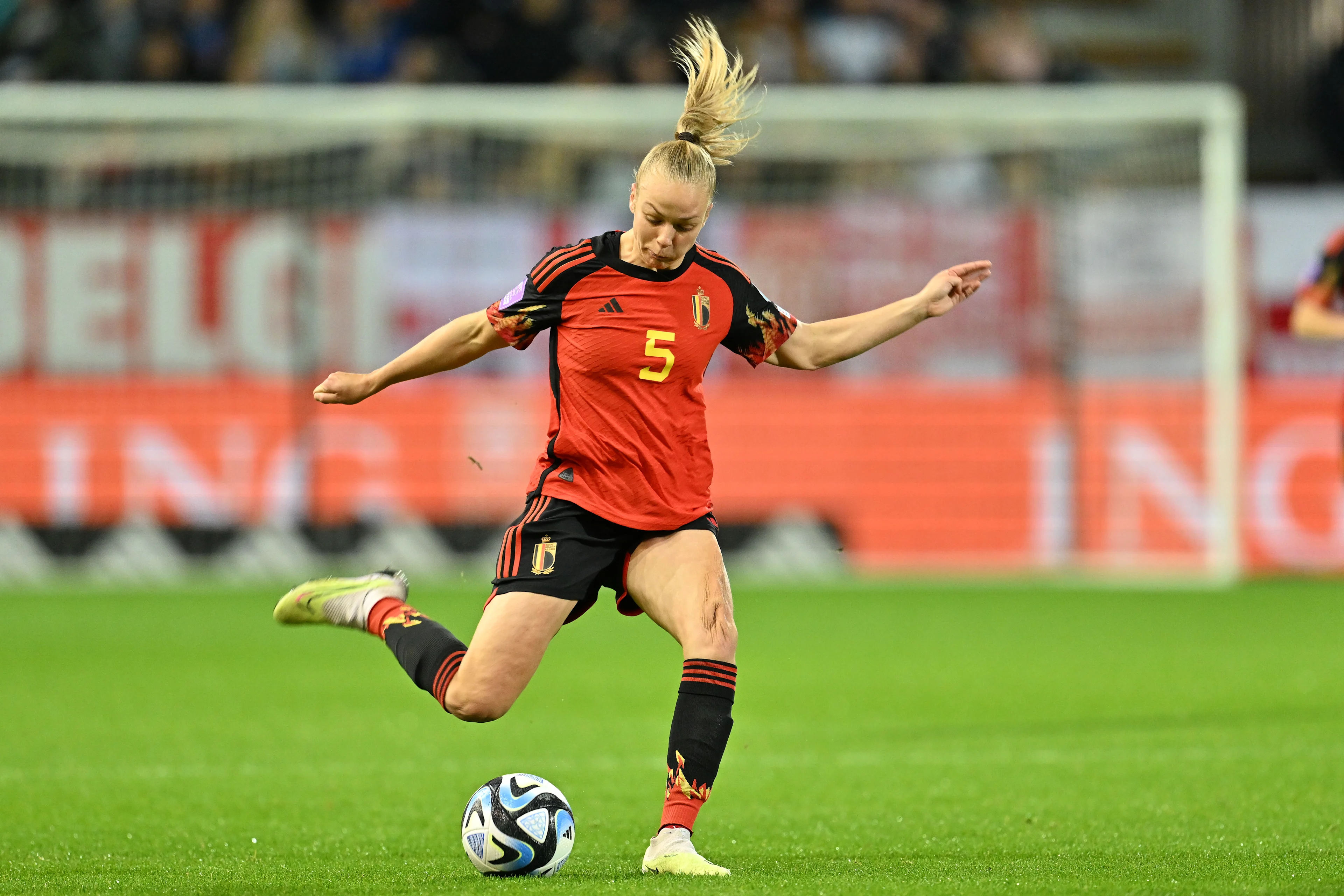 Belgium's Sarah Wijnants pictured in action during a soccer match between Belgium's national women's team the Red Flames and England, game 4/6 in group A1 of the 2023-2024 UEFA Women's Nations League competition, on Tuesday 31 October 2023, in Heverlee. BELGA PHOTO DAVID CATRY