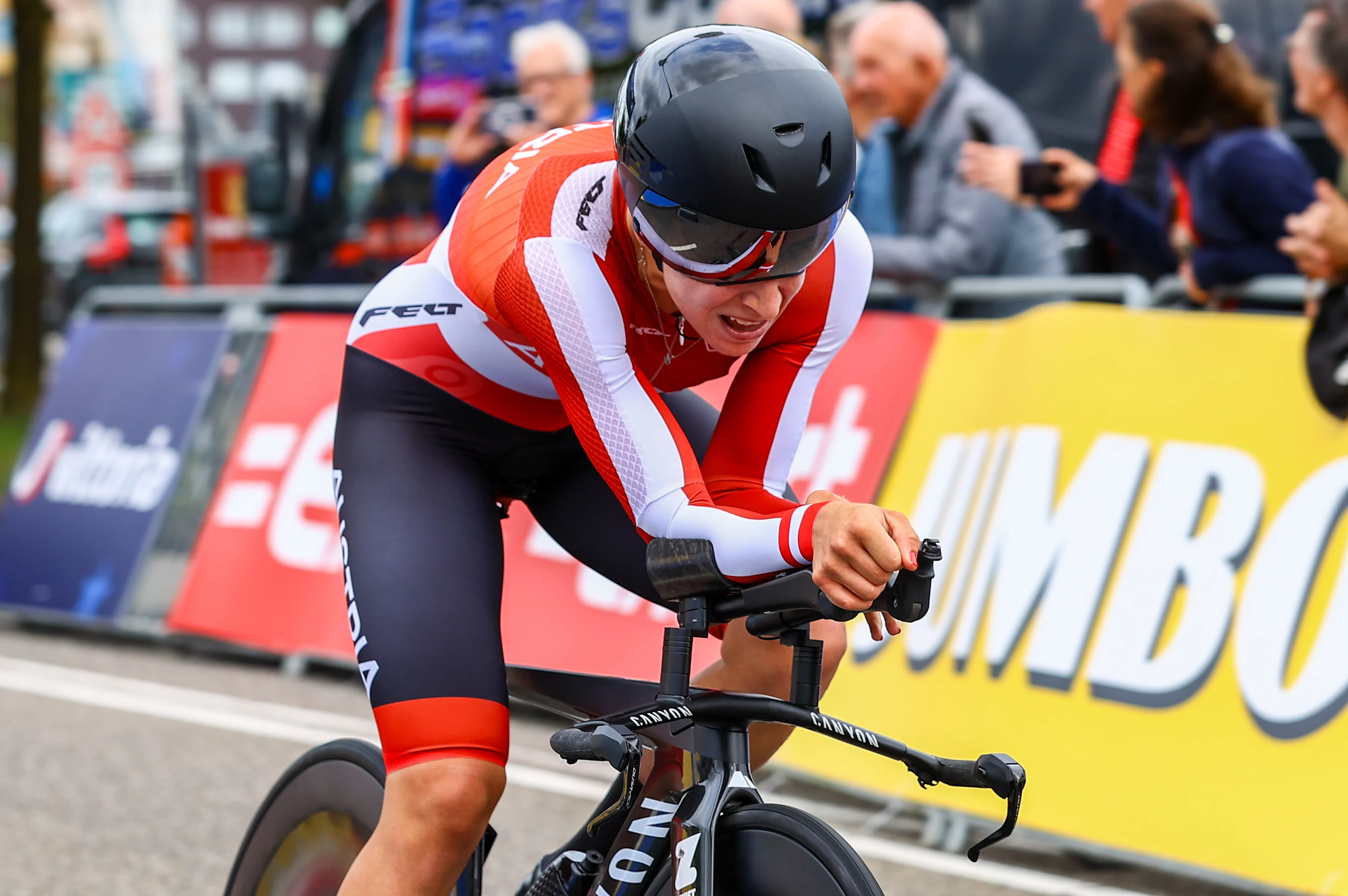 Austrian Christina Schweinberger of Fenix-Deceuninck pictured in action during the elite women individual time trial at the UEC Road European Championships, a 29,5km track in Emmen, The Netherlands, Wednesday 20 September 2023. The European cycling championships takes place from 20 to 24 september. BELGA PHOTO DAVID PINTENS